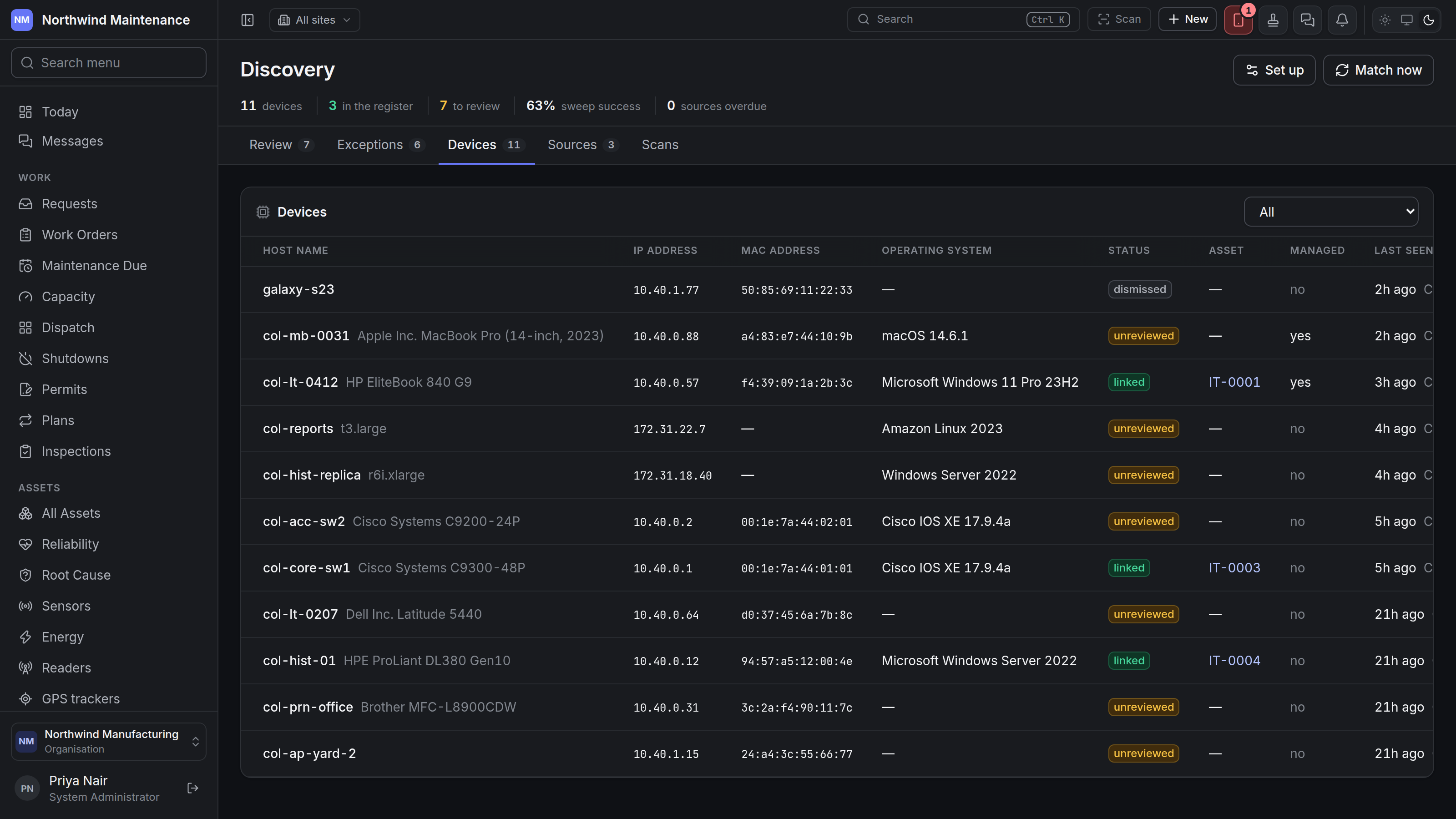 The Devices tab listing every discovered device with its status and asset