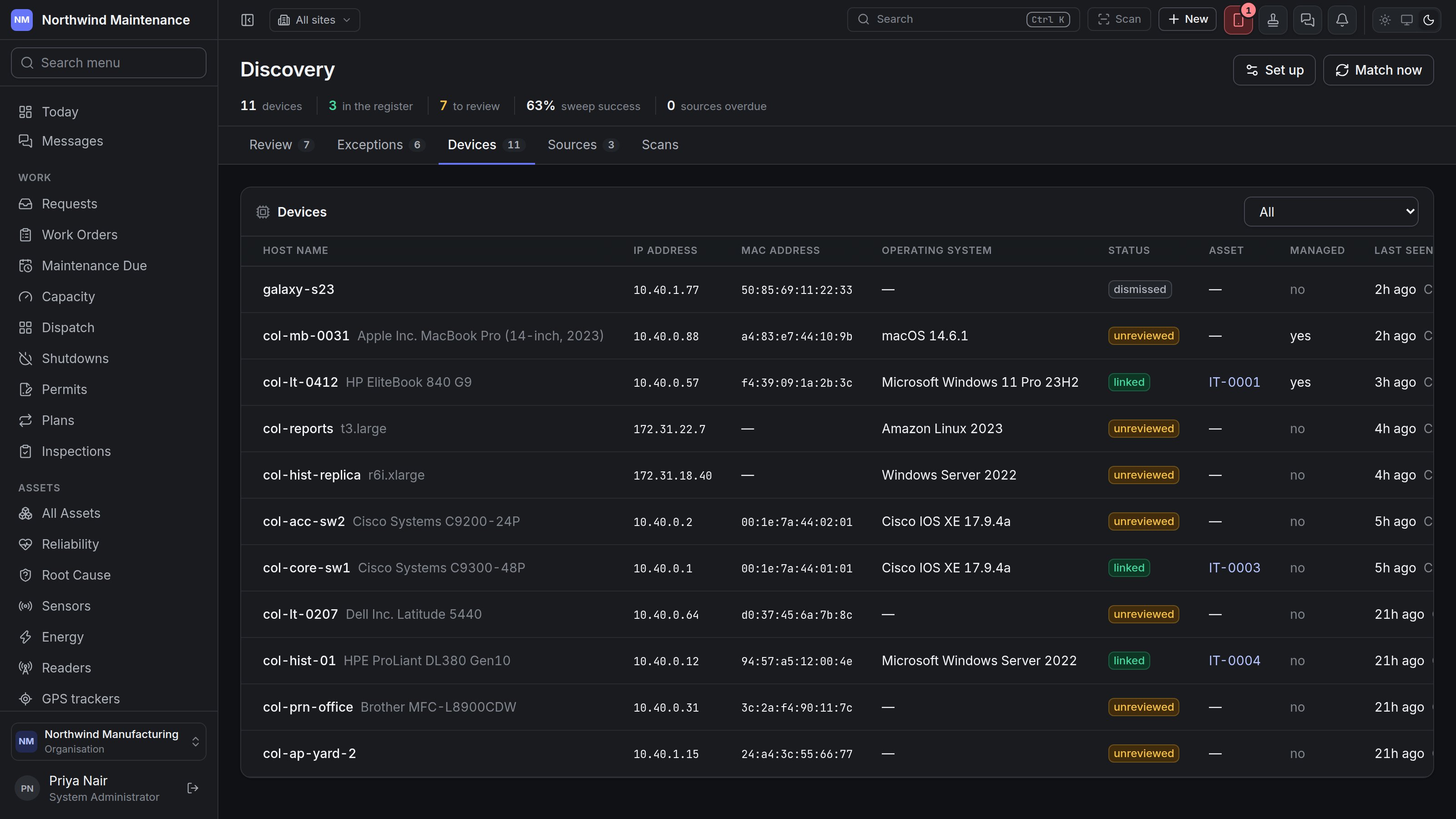 The Devices tab listing every discovered device with its status and asset