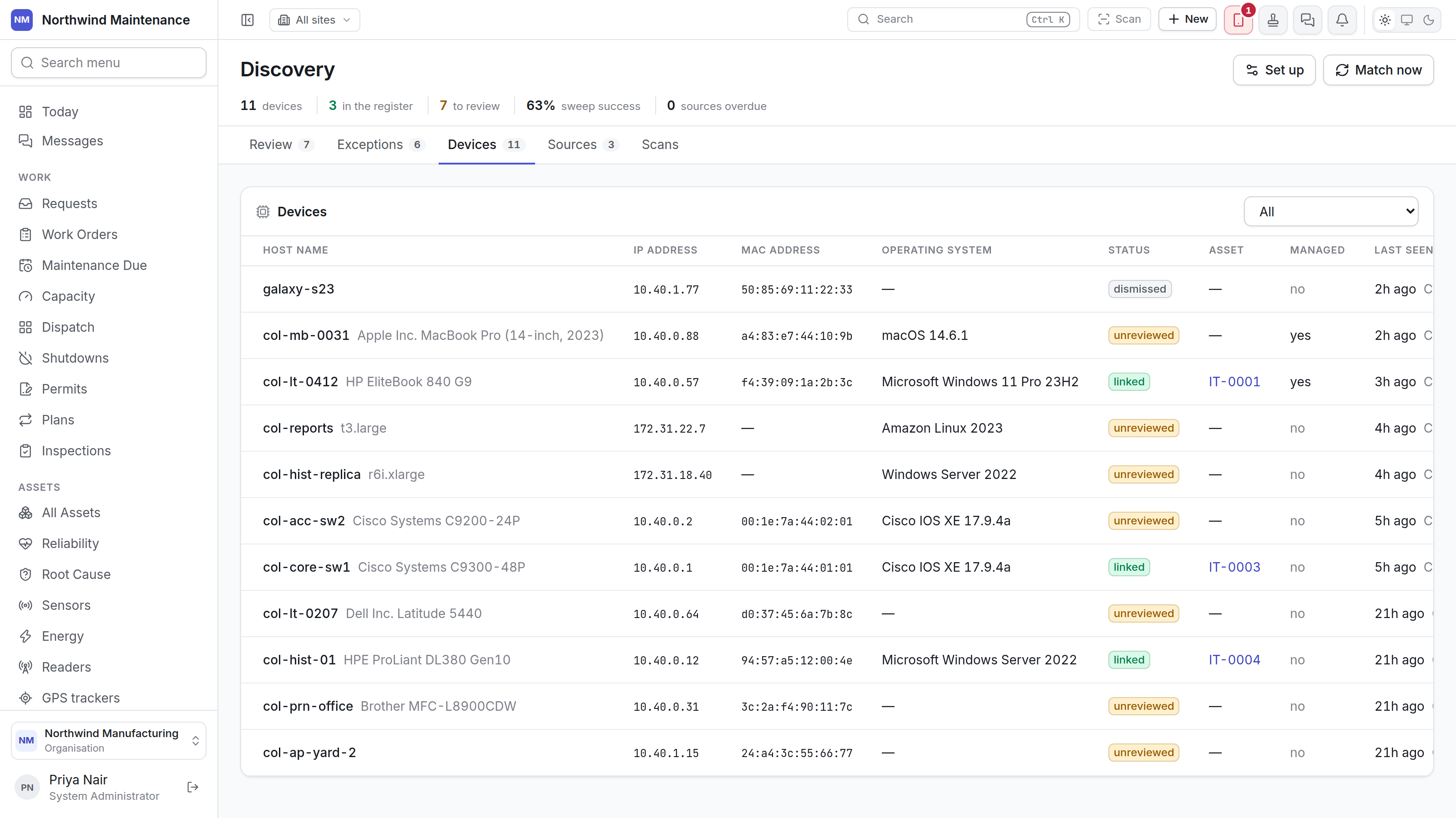 The Devices tab listing every discovered device with its status and asset