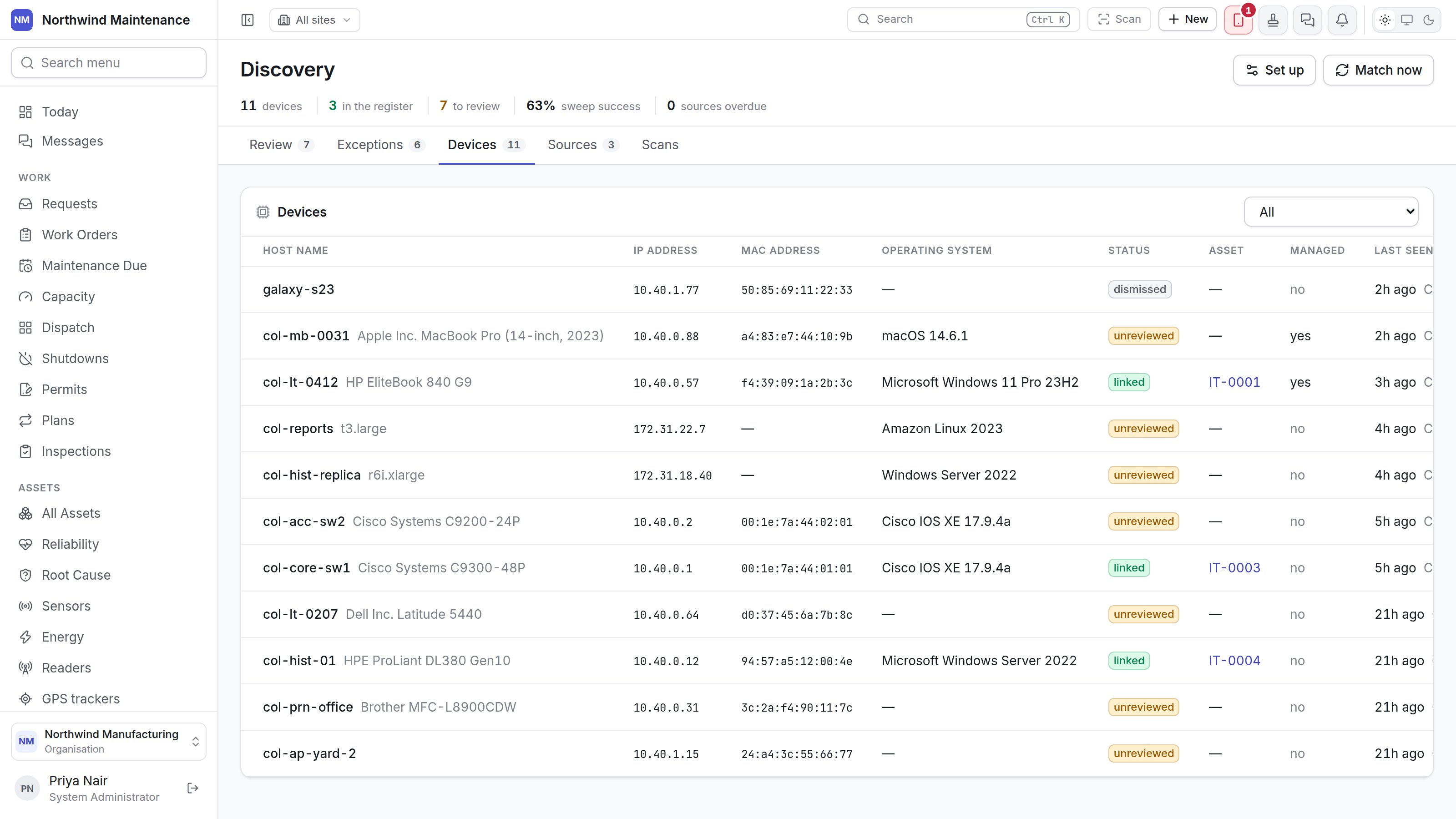 The Devices tab listing every discovered device with its status and asset