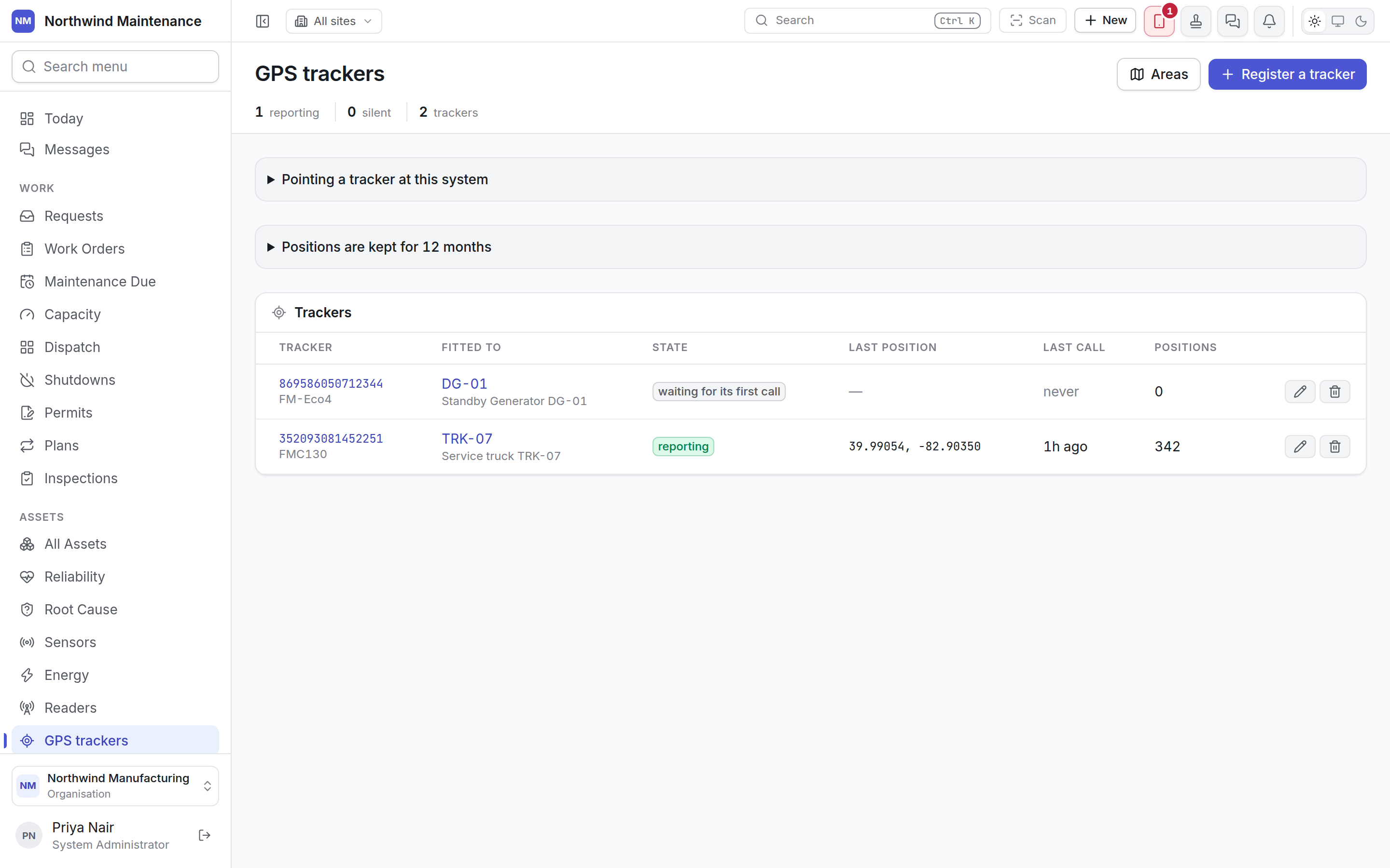 The GPS trackers list with one tracker reporting and one waiting for its first call