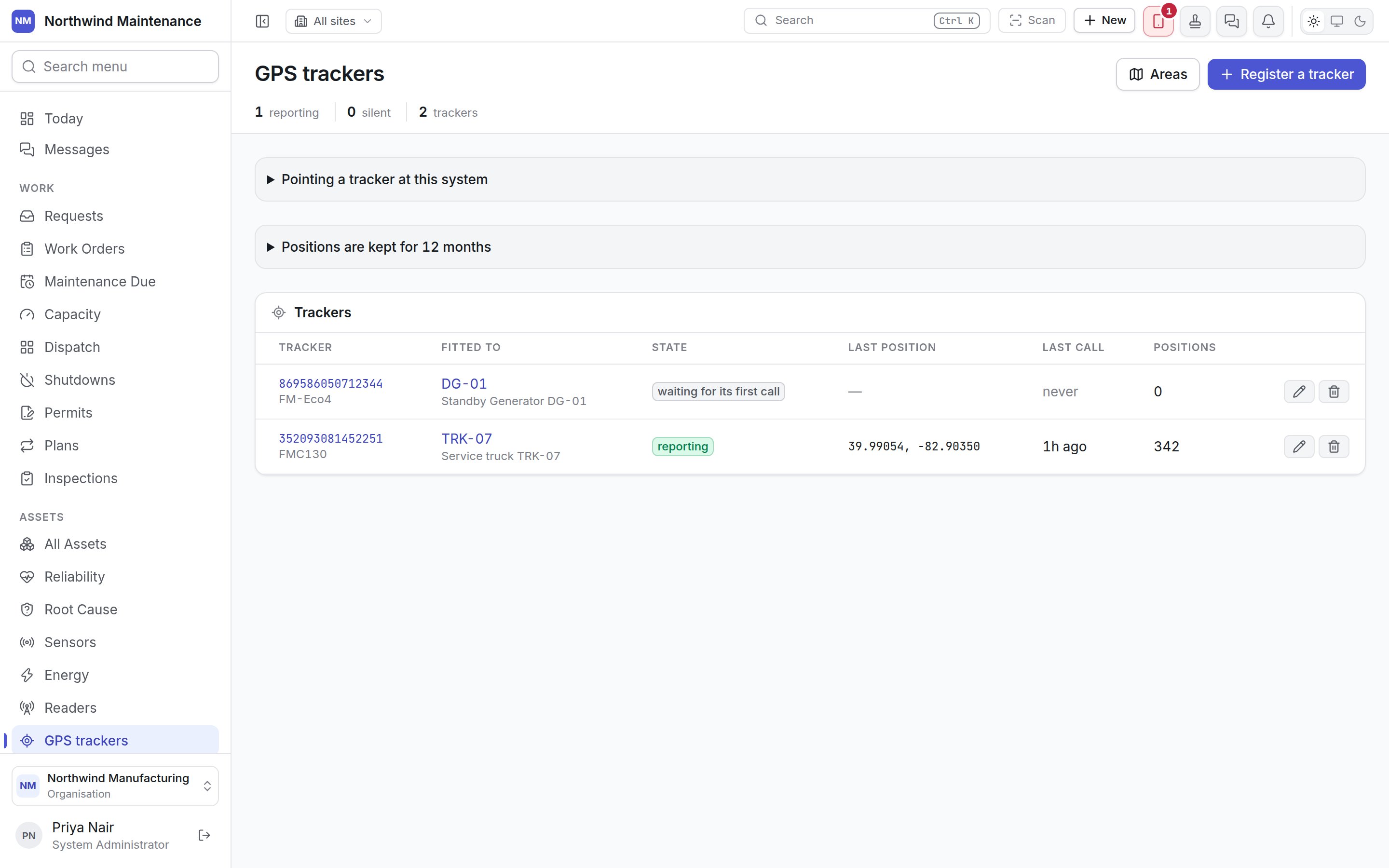 The GPS trackers list with one tracker reporting and one waiting for its first call