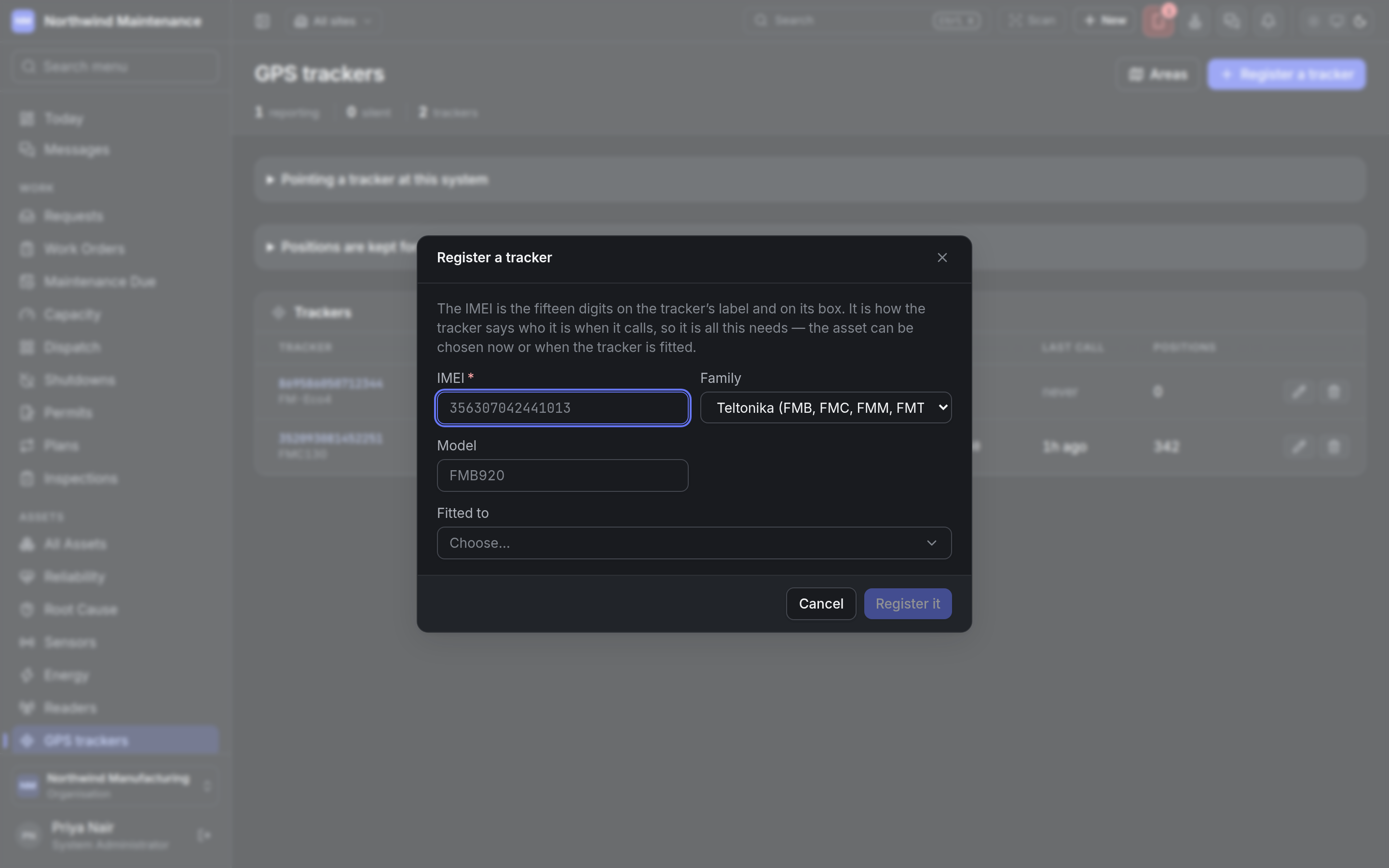 The Register a tracker dialog