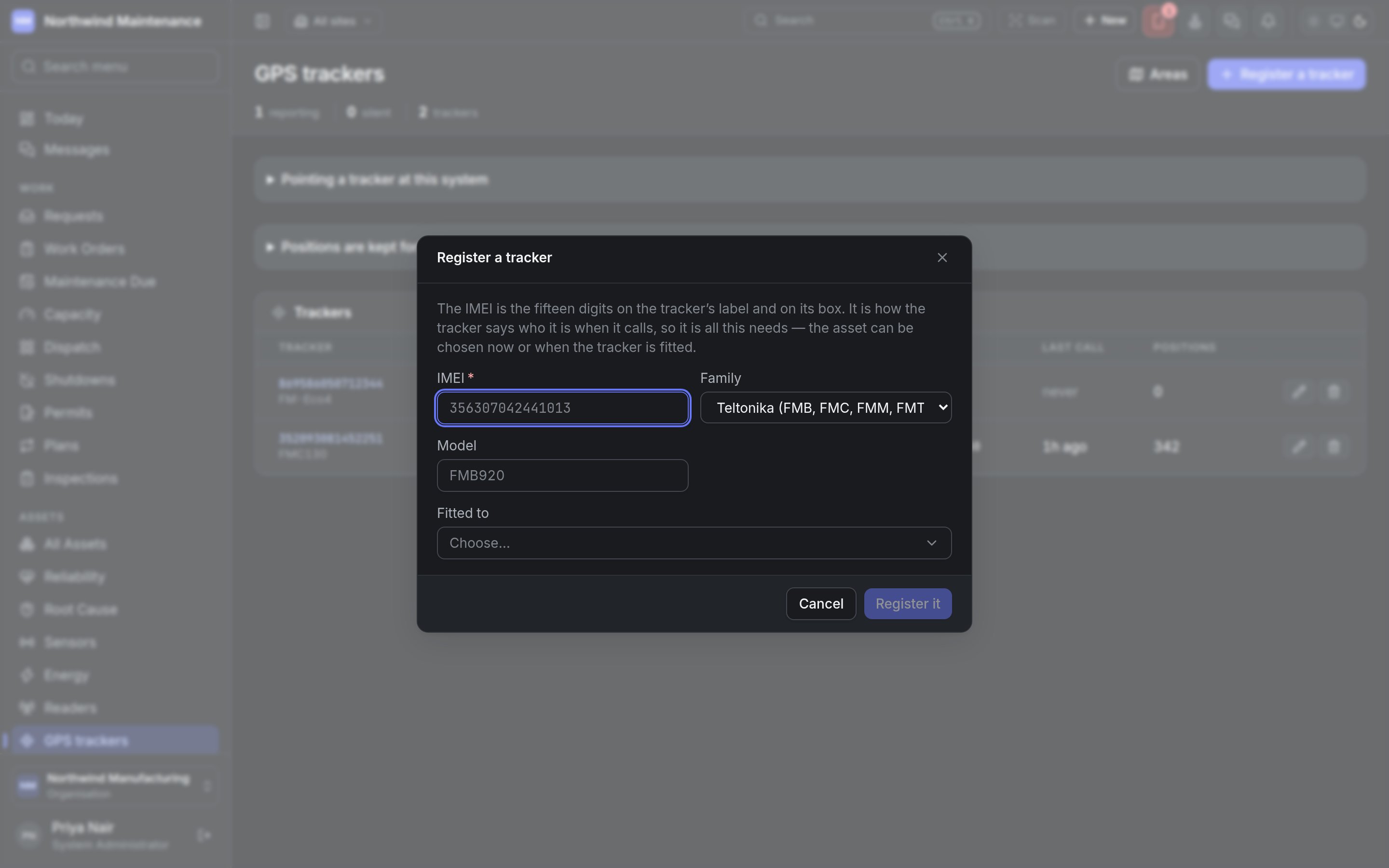 The Register a tracker dialog