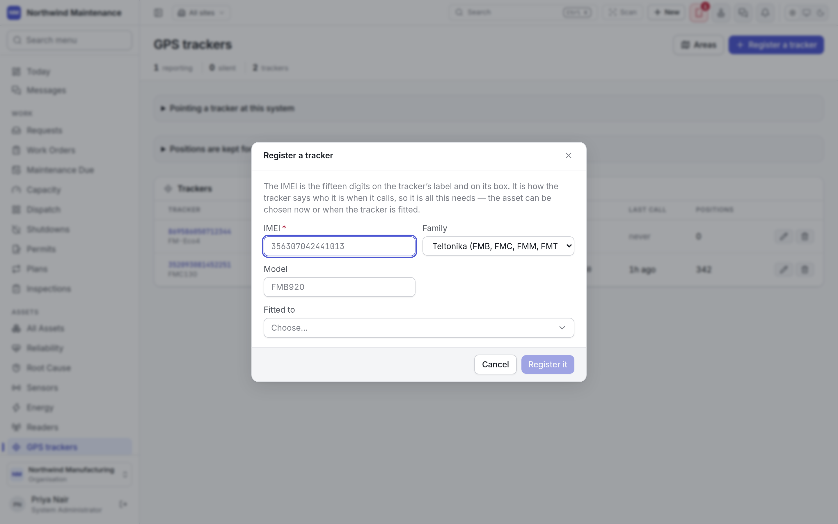 The Register a tracker dialog