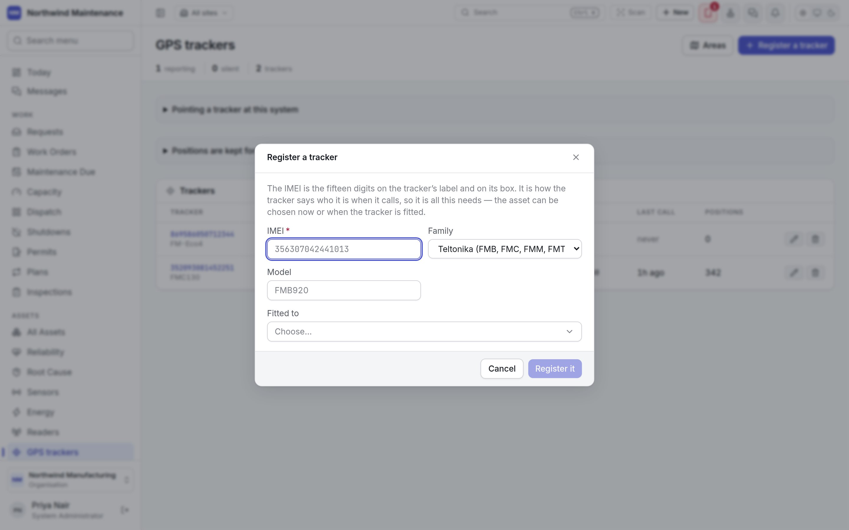 The Register a tracker dialog