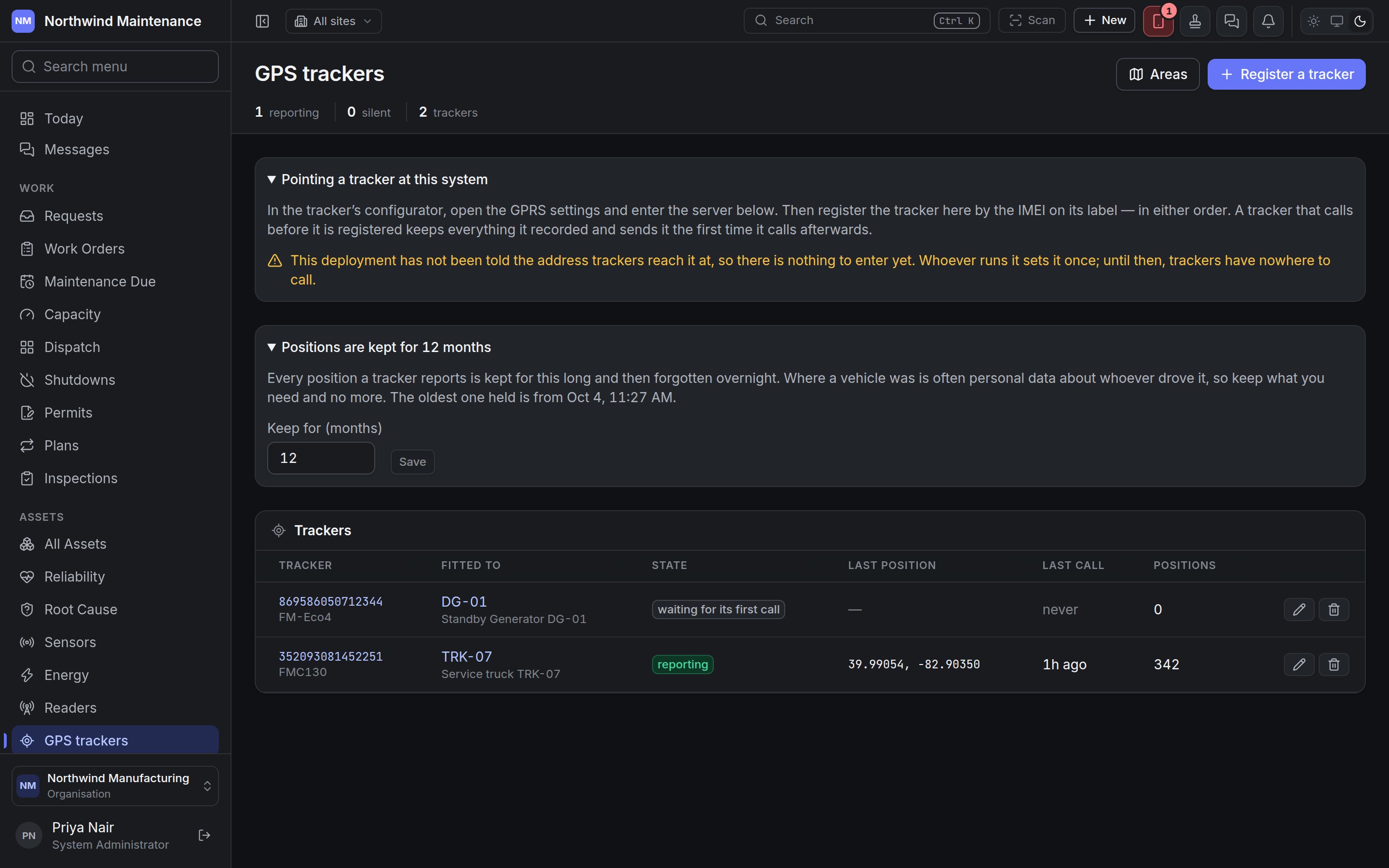 The two setup panels opened: pointing a tracker at this system, and how long positions are kept