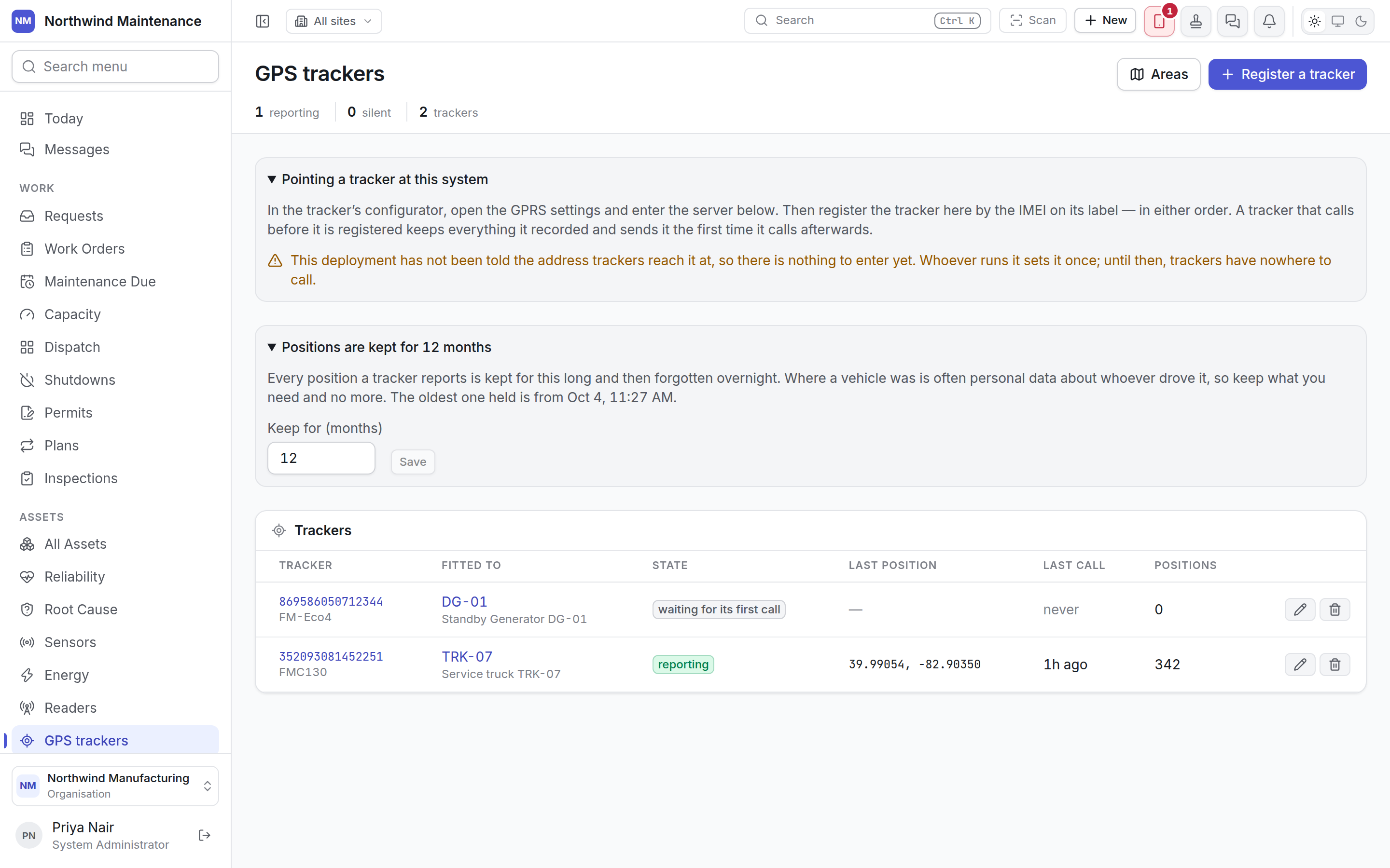 The two setup panels opened: pointing a tracker at this system, and how long positions are kept
