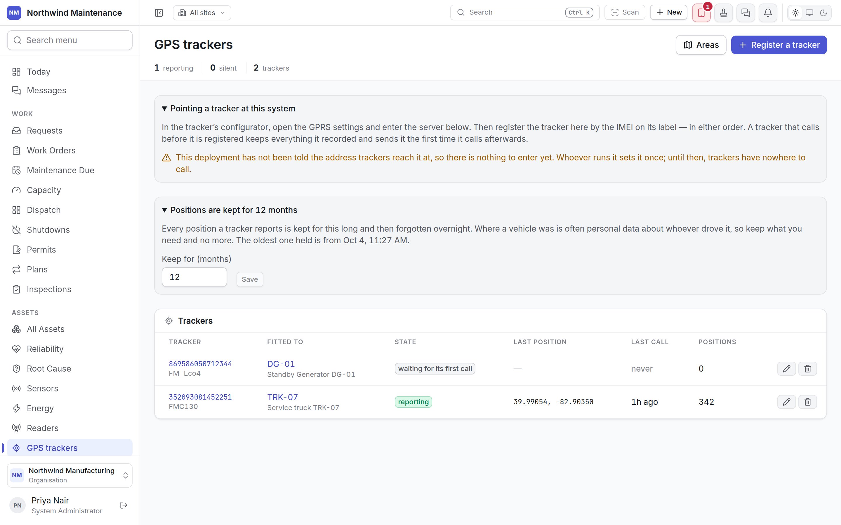 The two setup panels opened: pointing a tracker at this system, and how long positions are kept