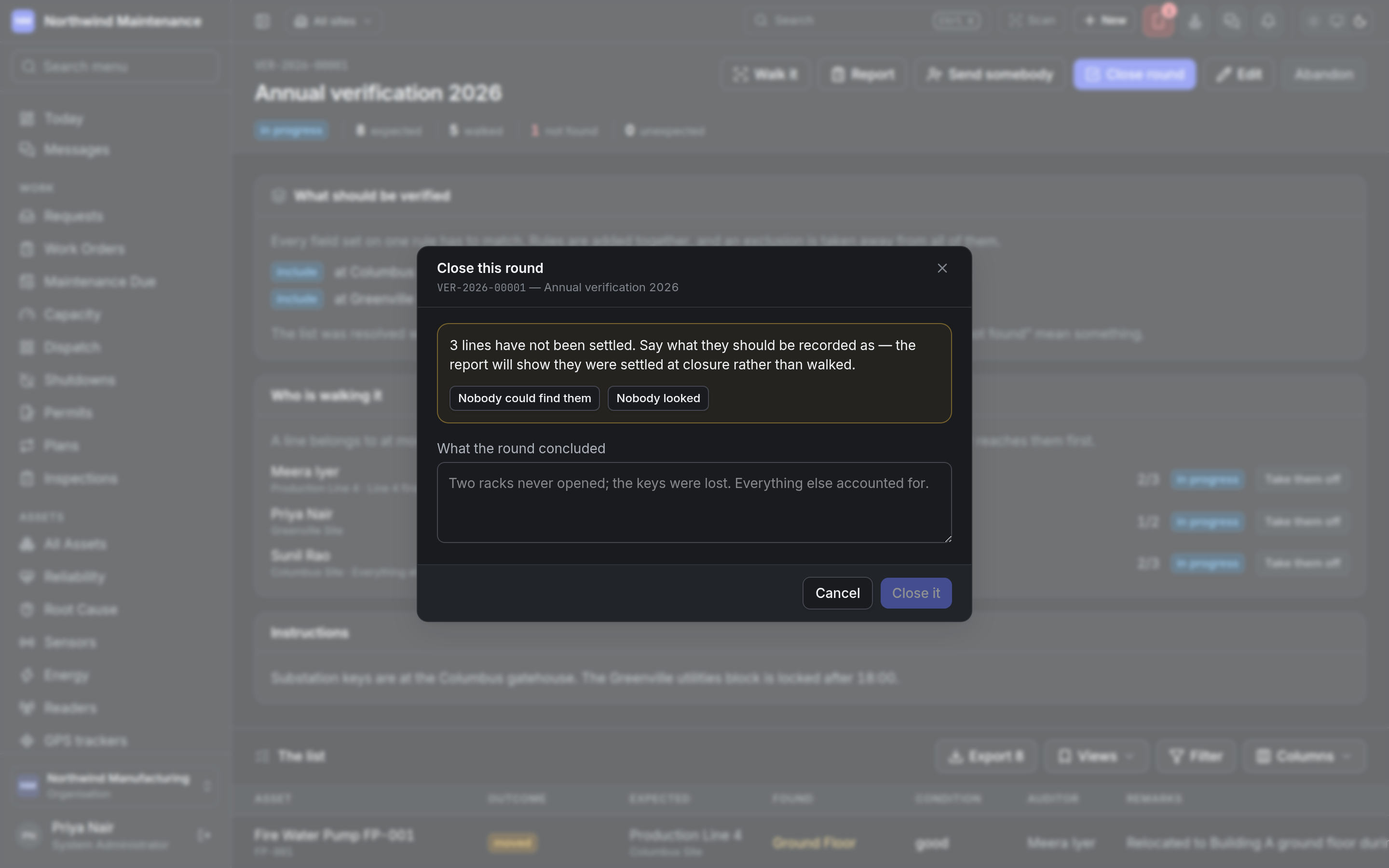 The Close this round dialog, asking how to record three unsettled lines