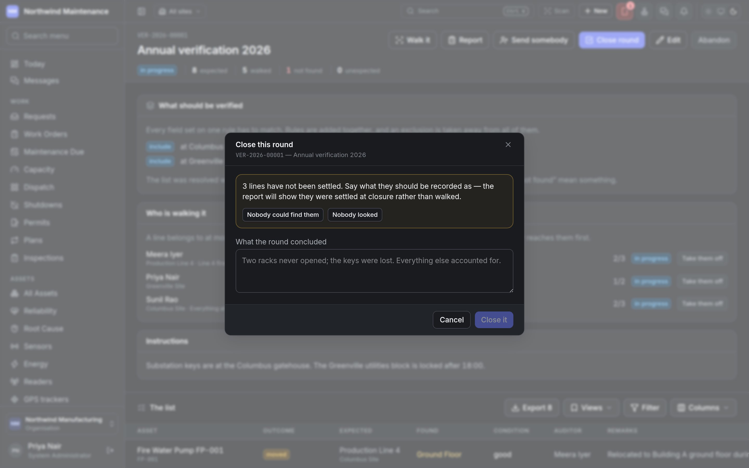 The Close this round dialog, asking how to record three unsettled lines