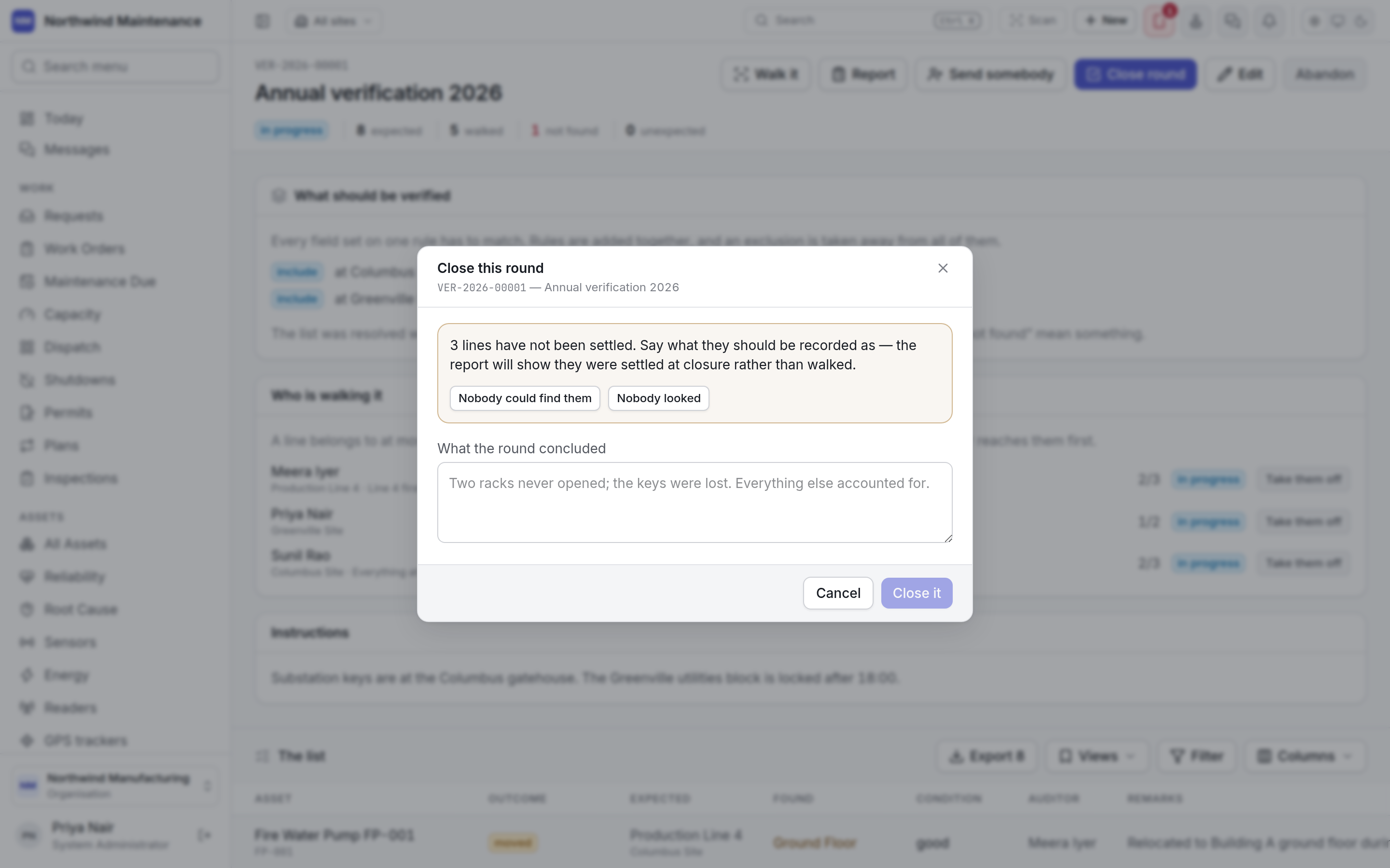 The Close this round dialog, asking how to record three unsettled lines