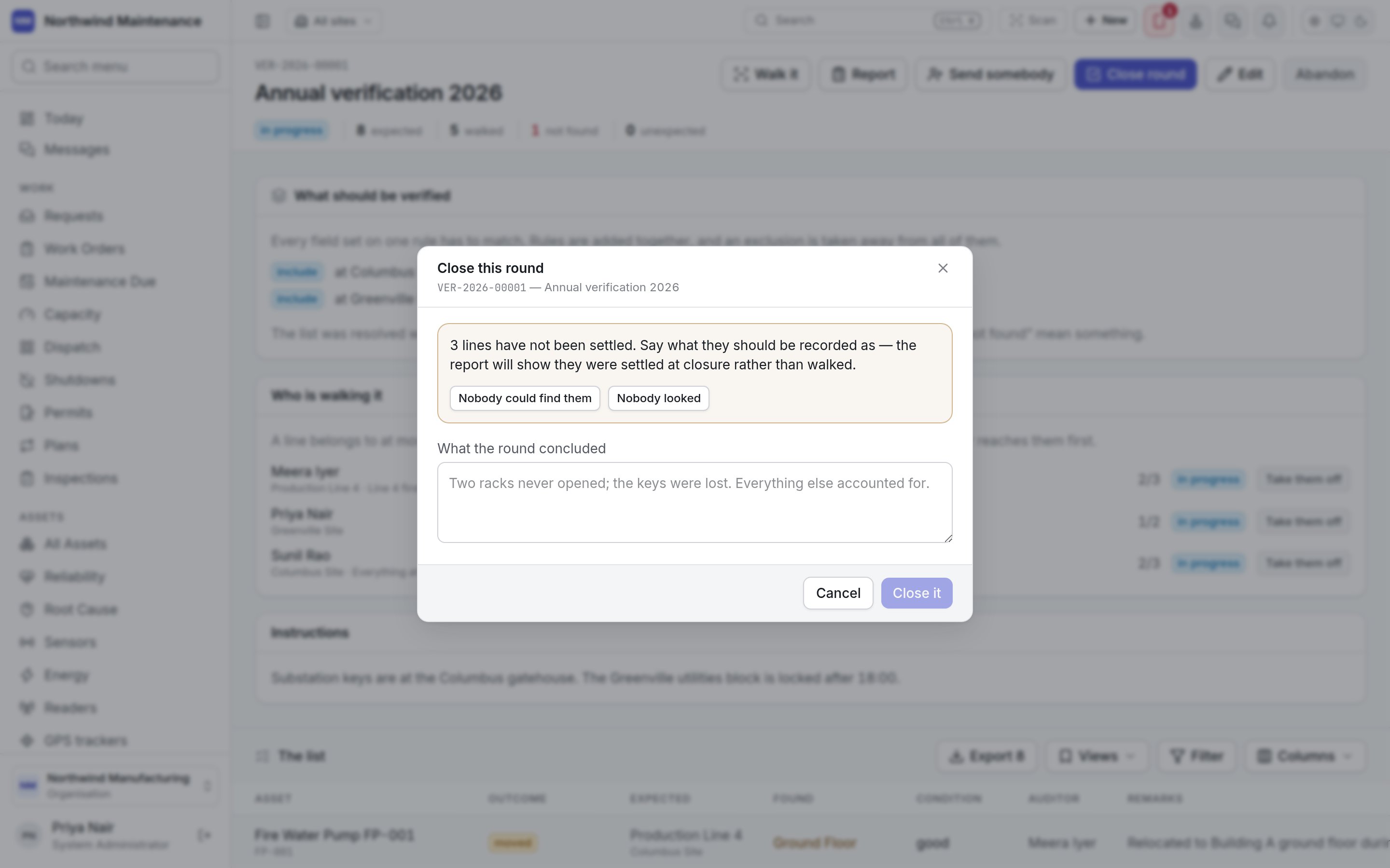 The Close this round dialog, asking how to record three unsettled lines