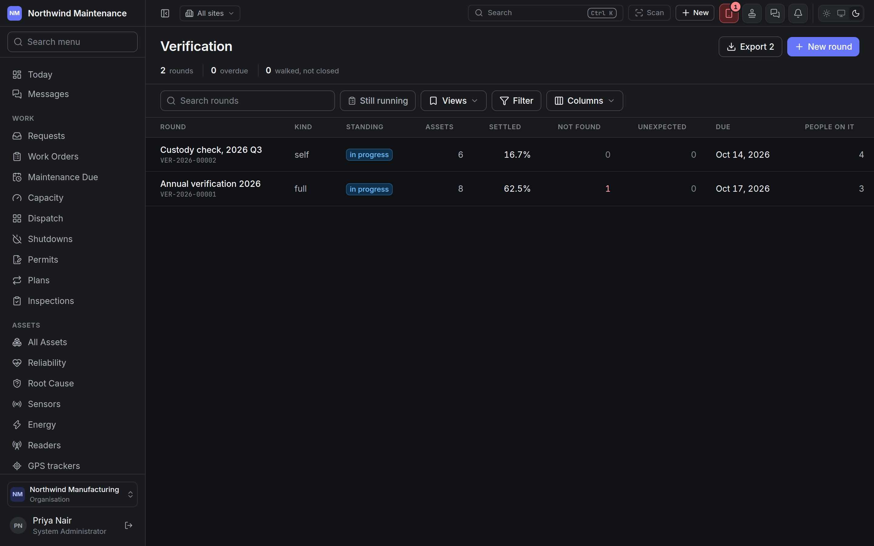 The verification register, listing two rounds with their kind, standing, progress and due date
