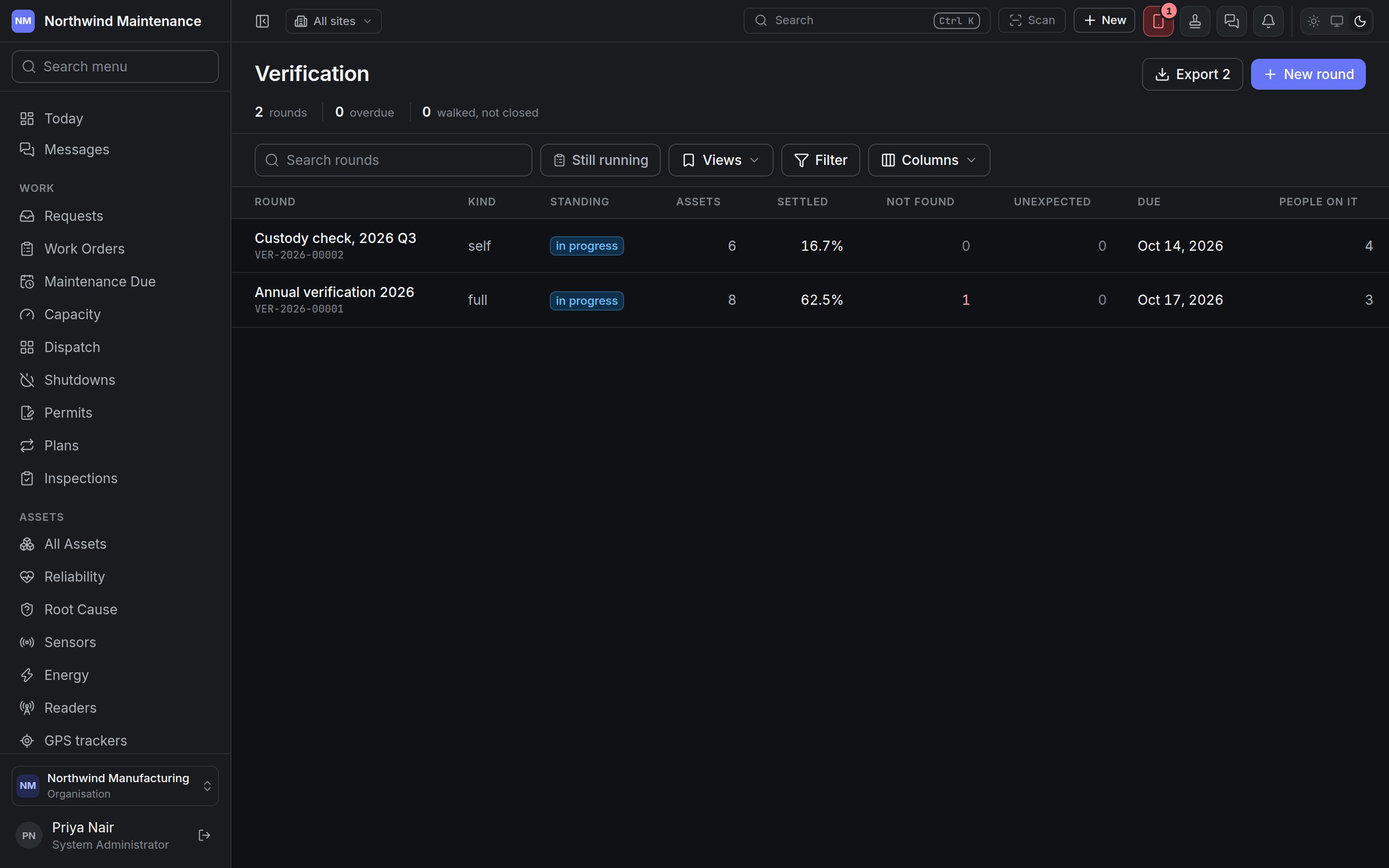 The verification register, listing two rounds with their kind, standing, progress and due date