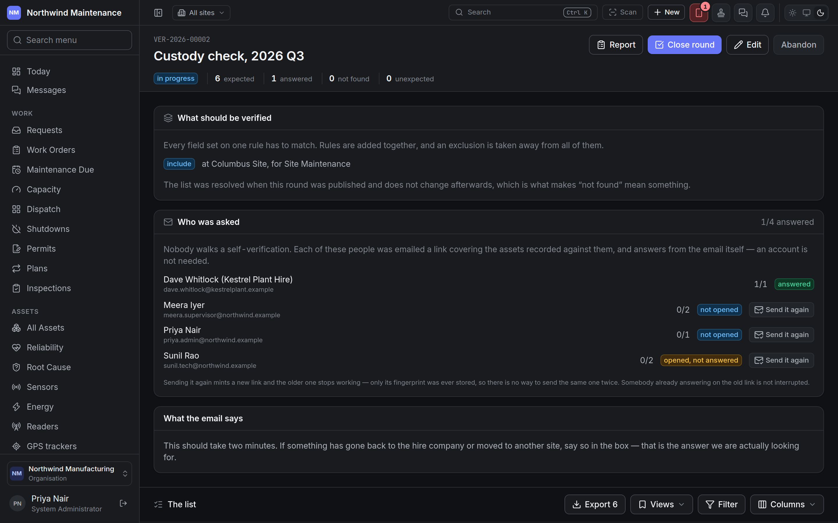 A self-verification round, listing who was asked and whether each has opened or answered