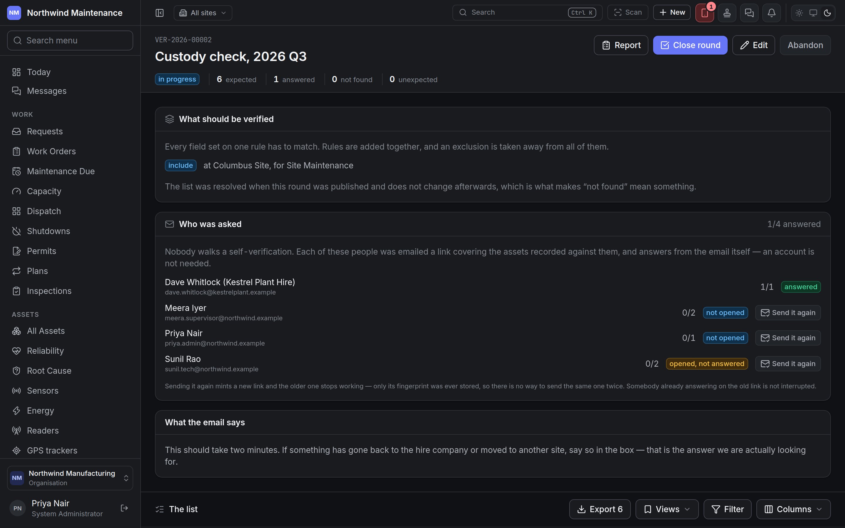 A self-verification round, listing who was asked and whether each has opened or answered