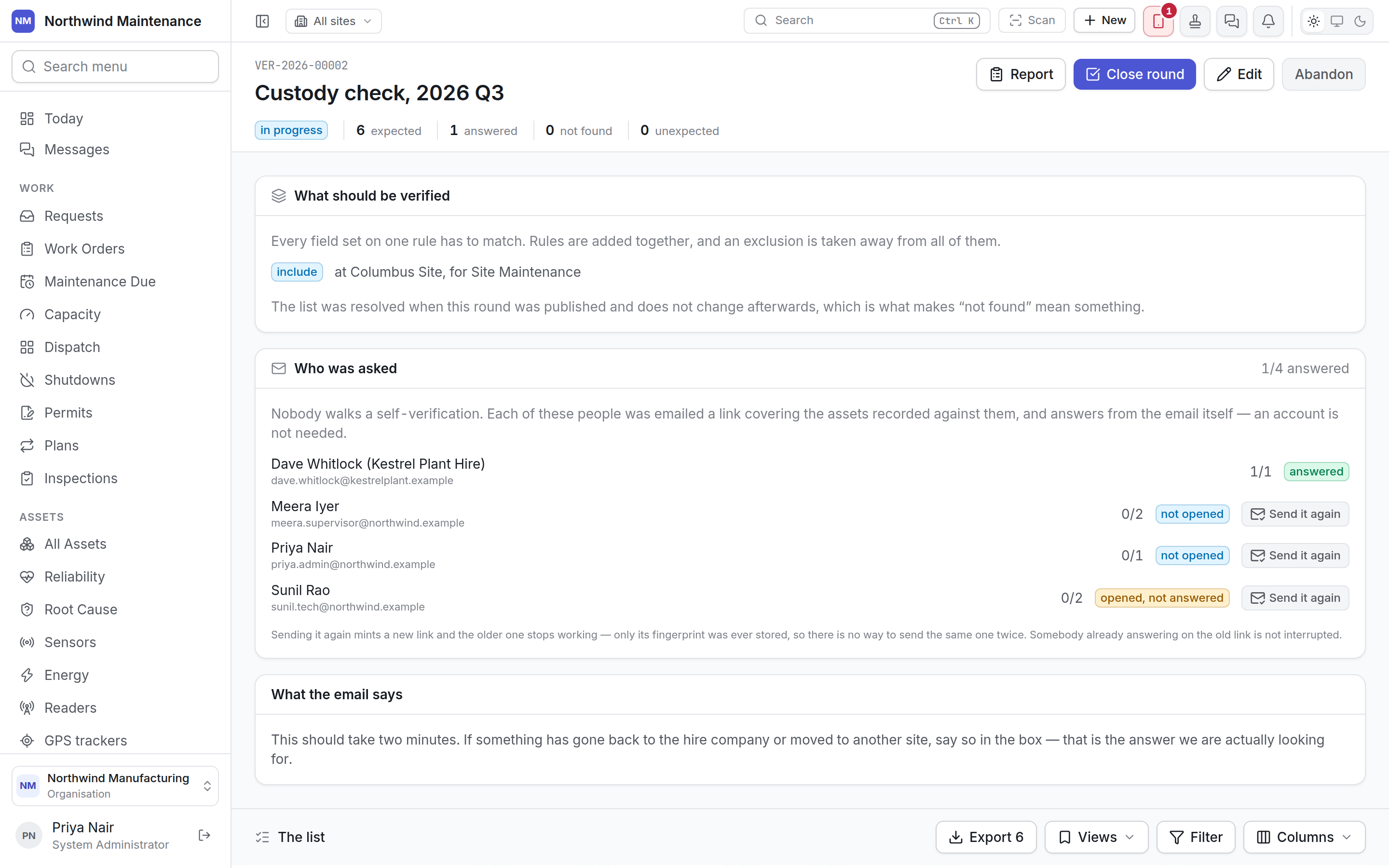 A self-verification round, listing who was asked and whether each has opened or answered