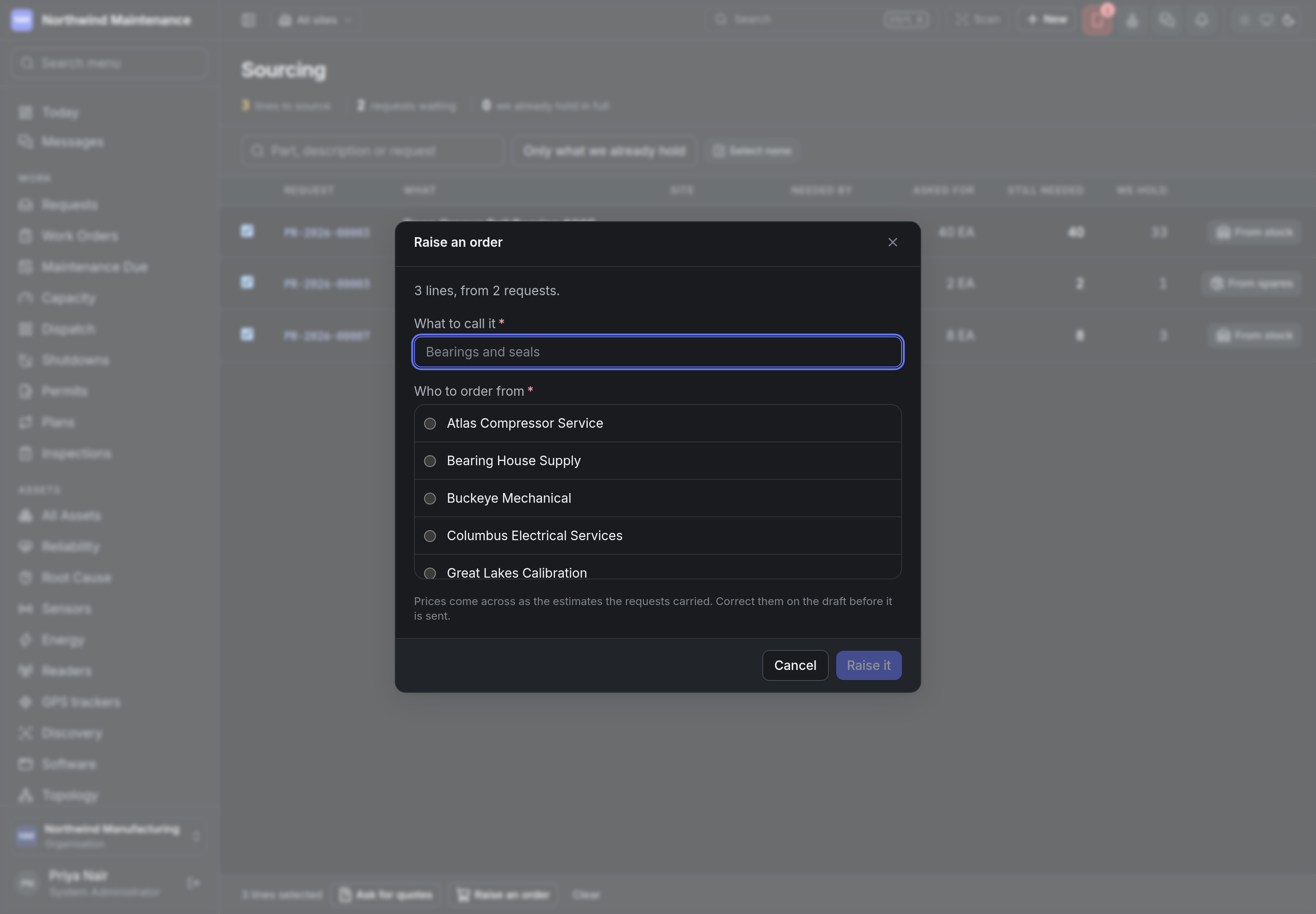 Raising one purchase order from three selected sourcing lines