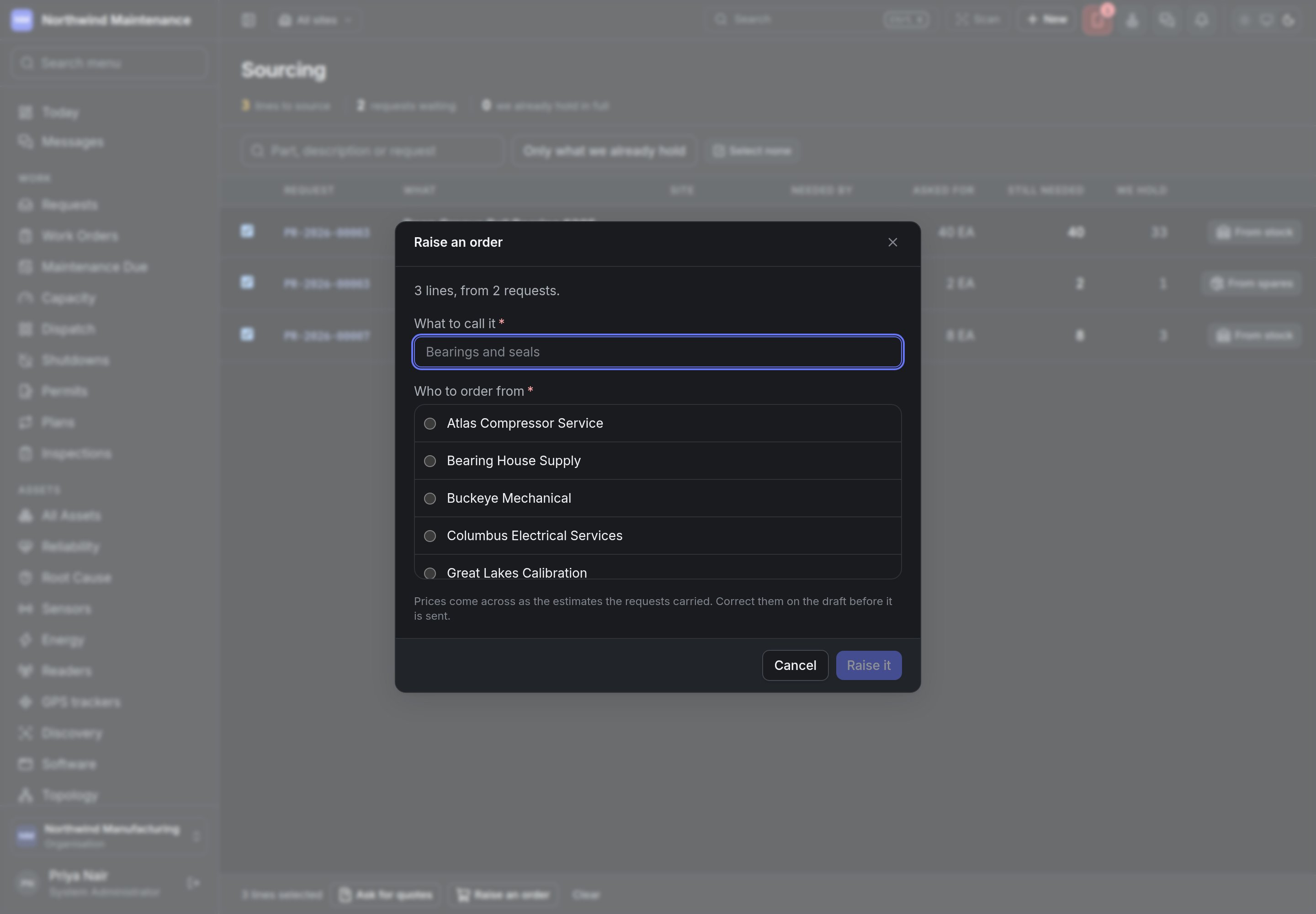 Raising one purchase order from three selected sourcing lines