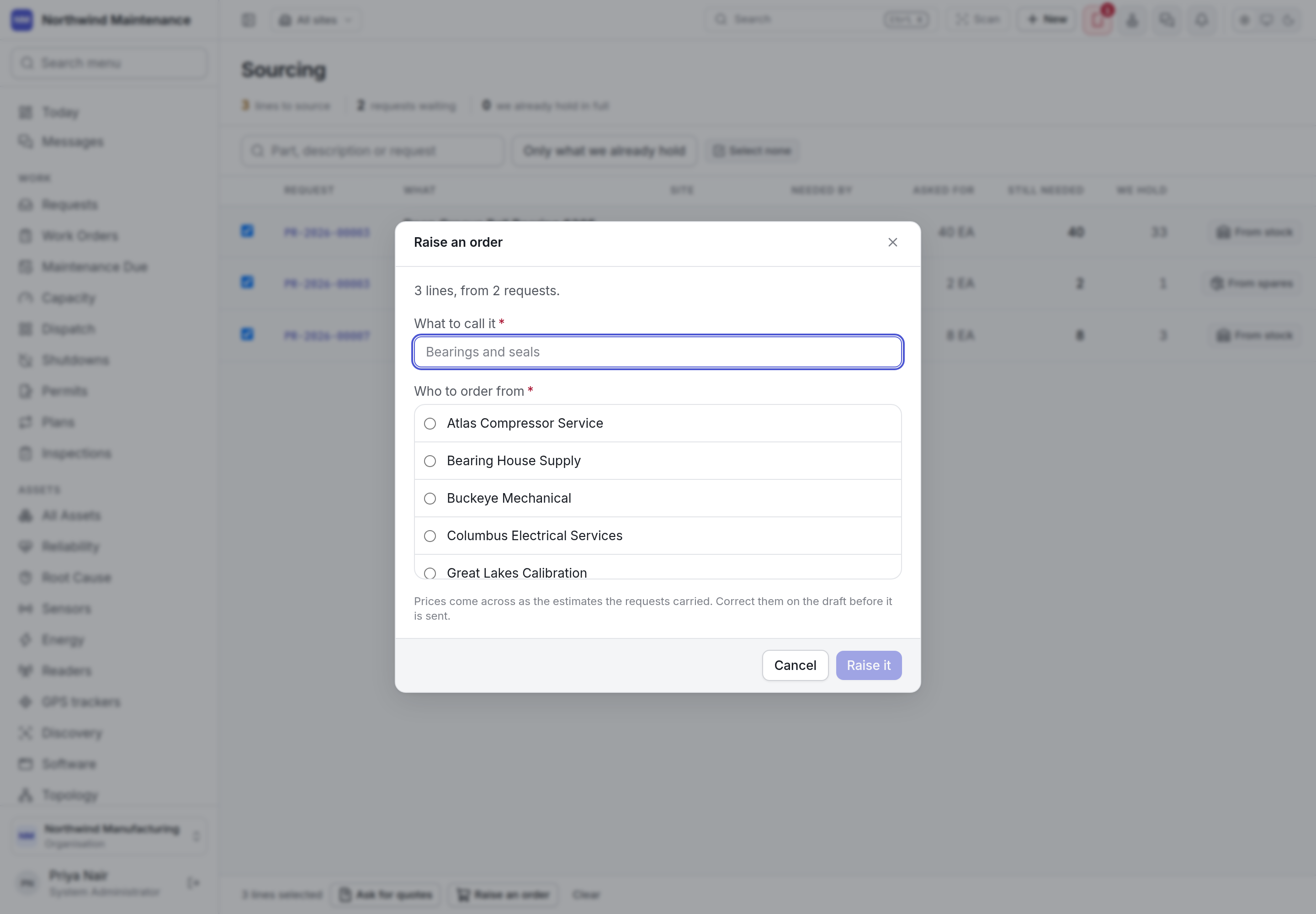 Raising one purchase order from three selected sourcing lines