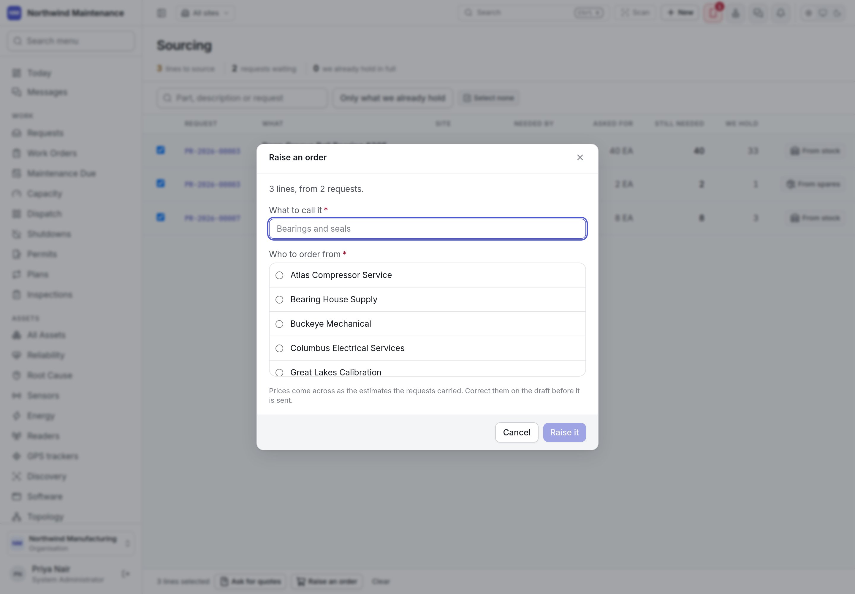 Raising one purchase order from three selected sourcing lines