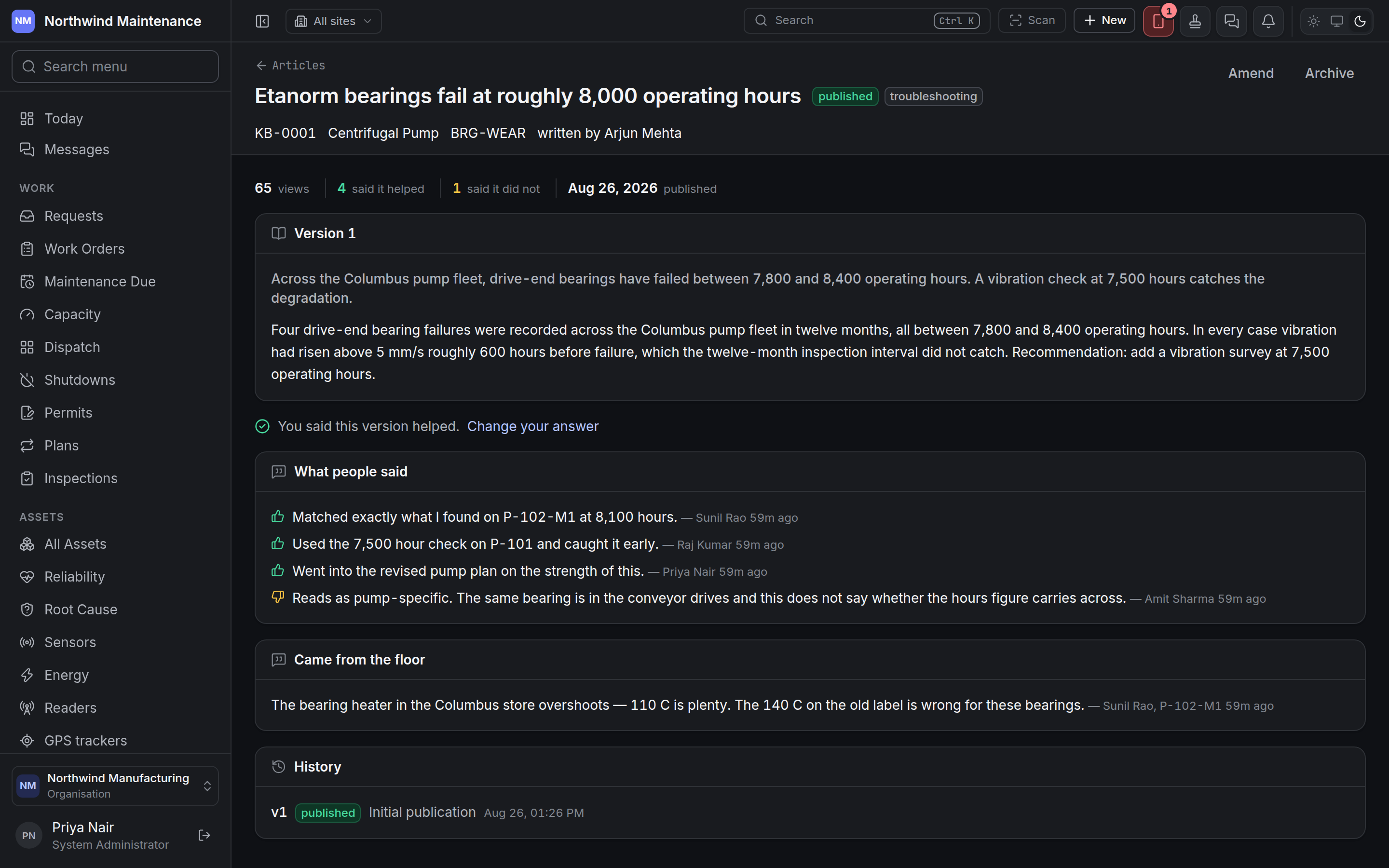 A published article with its version, reader feedback, the note it came from and its history
