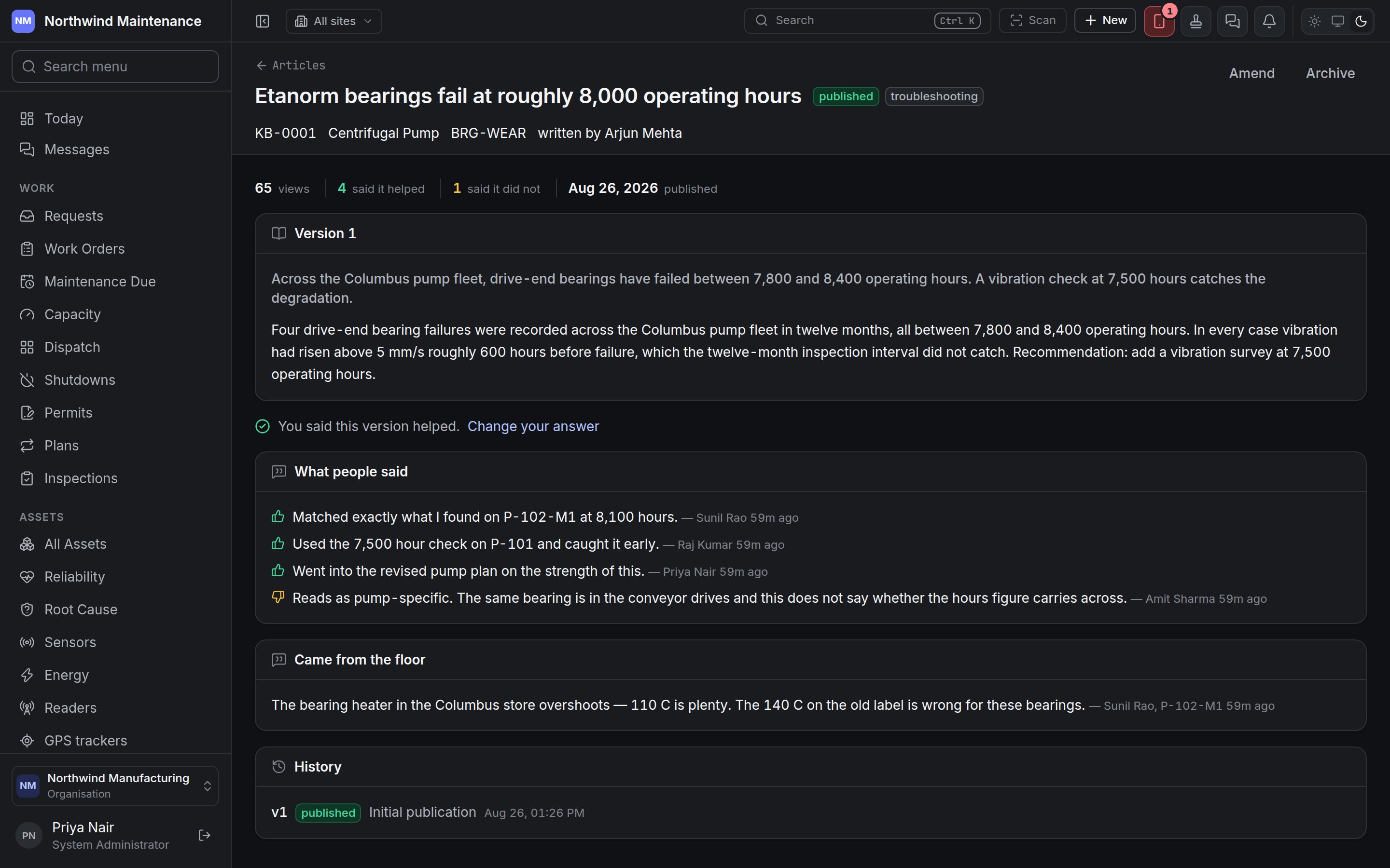 A published article with its version, reader feedback, the note it came from and its history