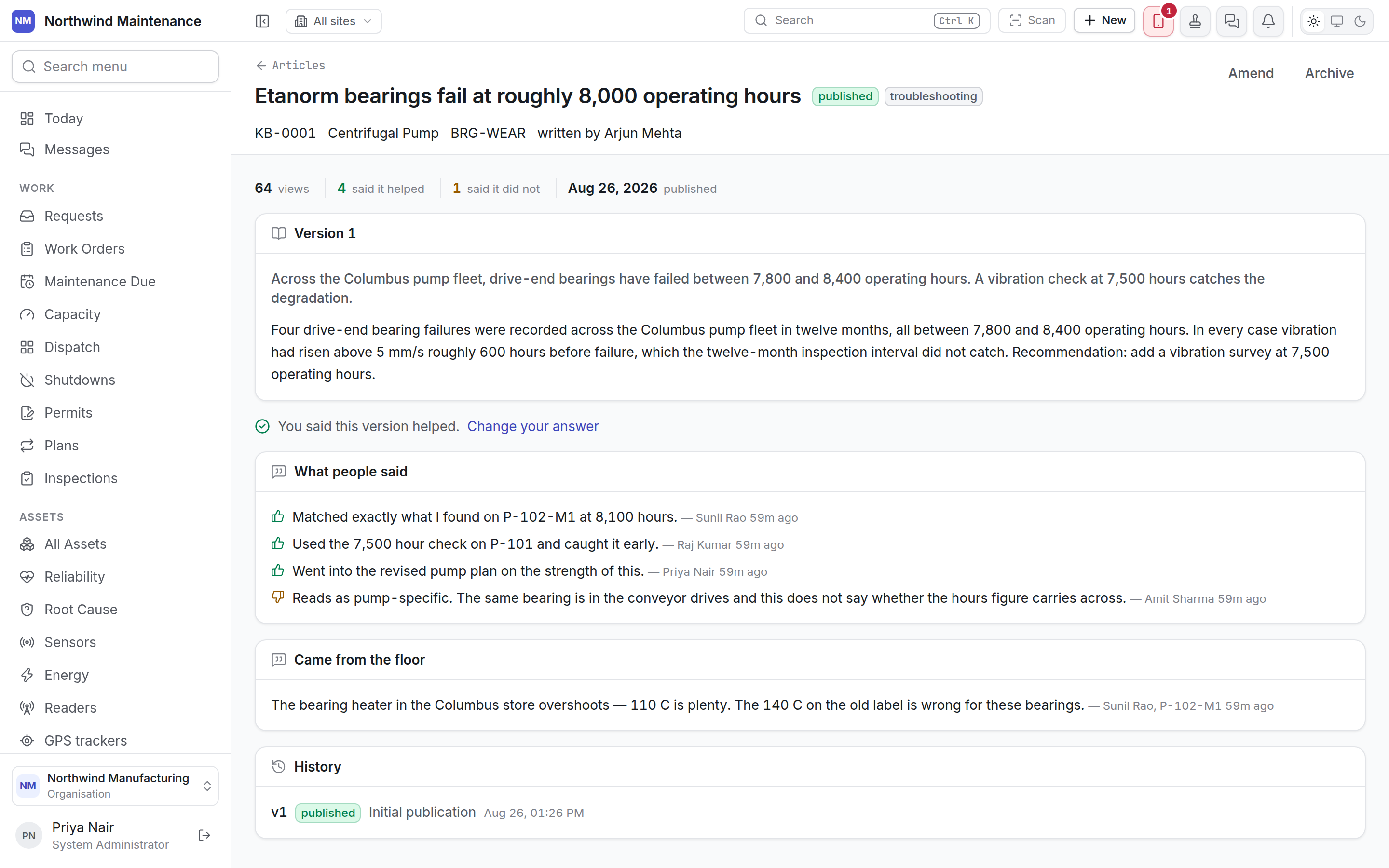 A published article with its version, reader feedback, the note it came from and its history