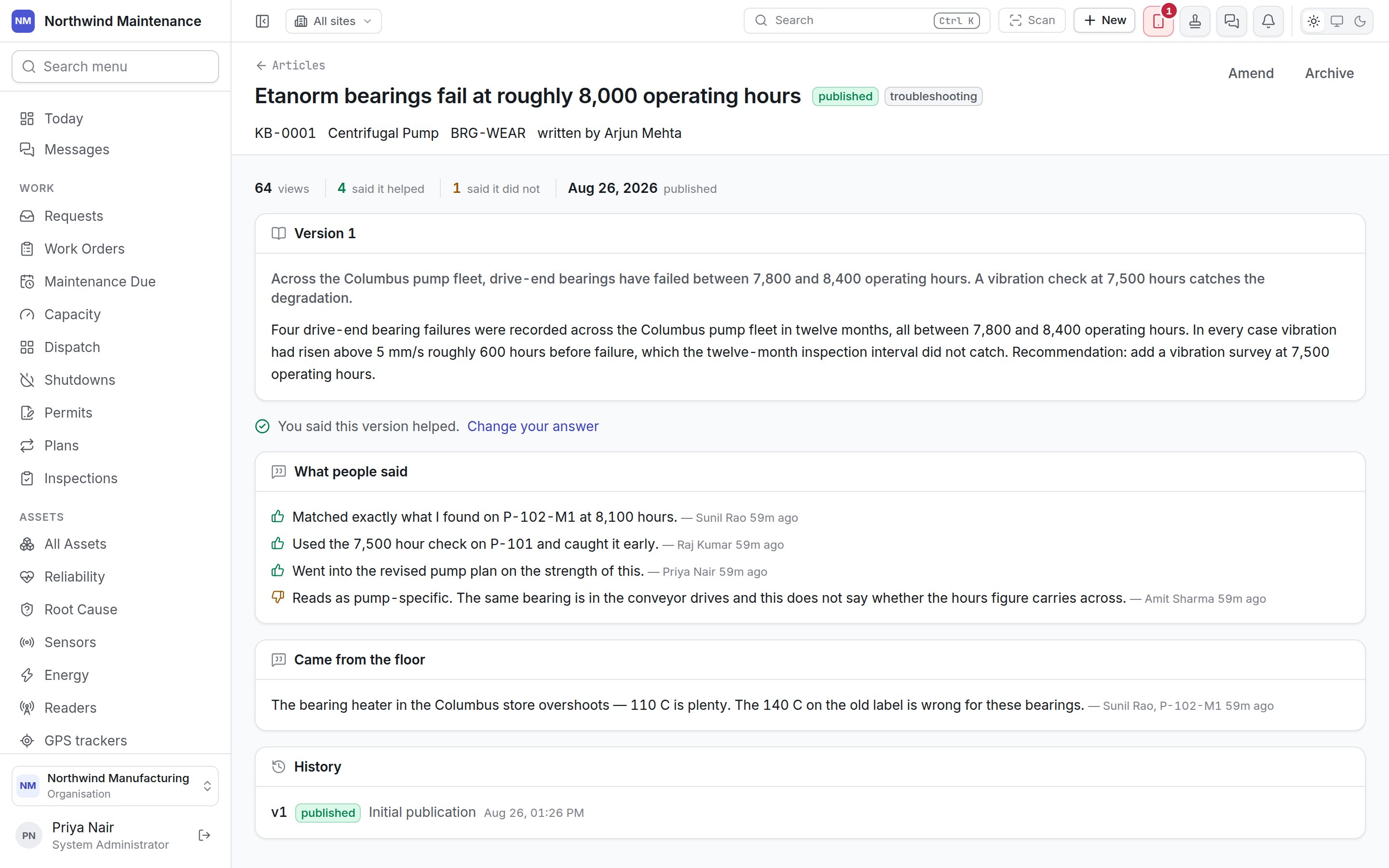 A published article with its version, reader feedback, the note it came from and its history