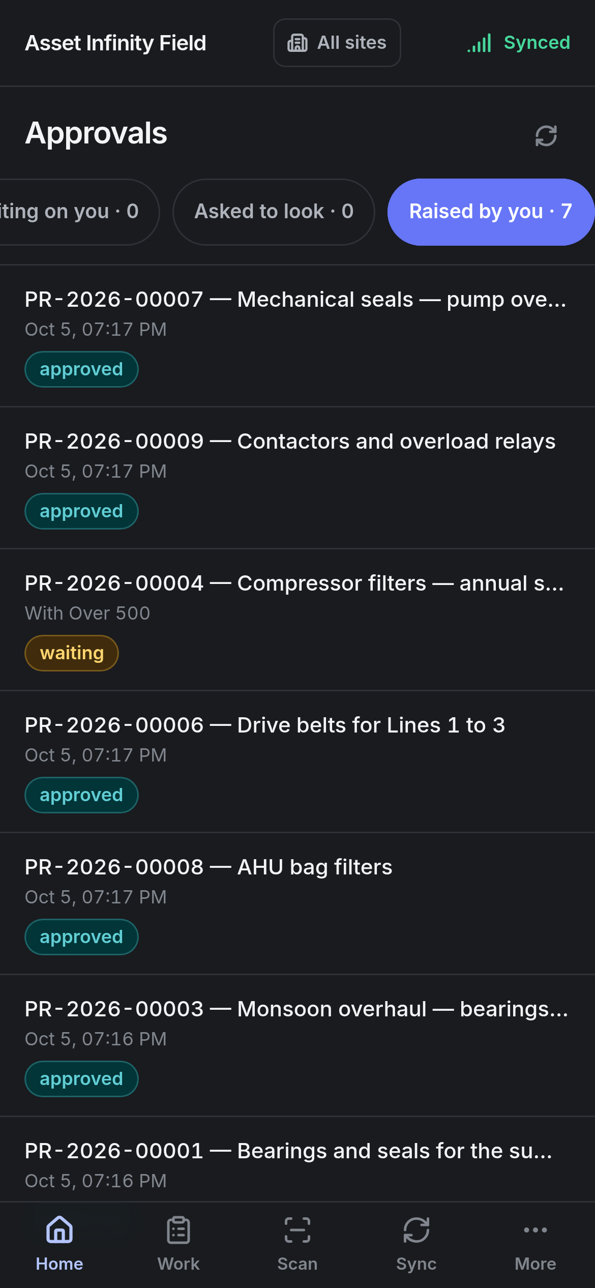 The Approvals screen on the Raised by you tab