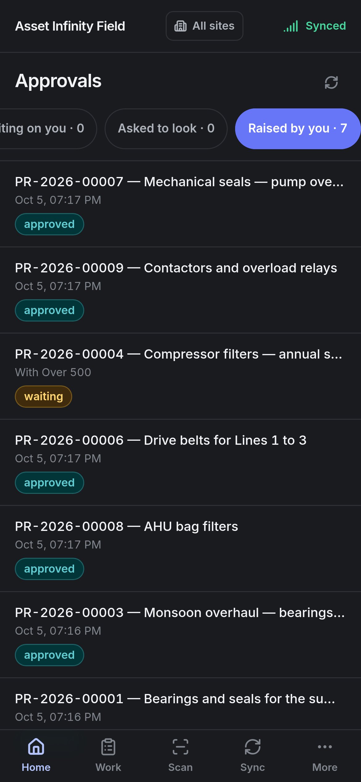 The Approvals screen on the Raised by you tab
