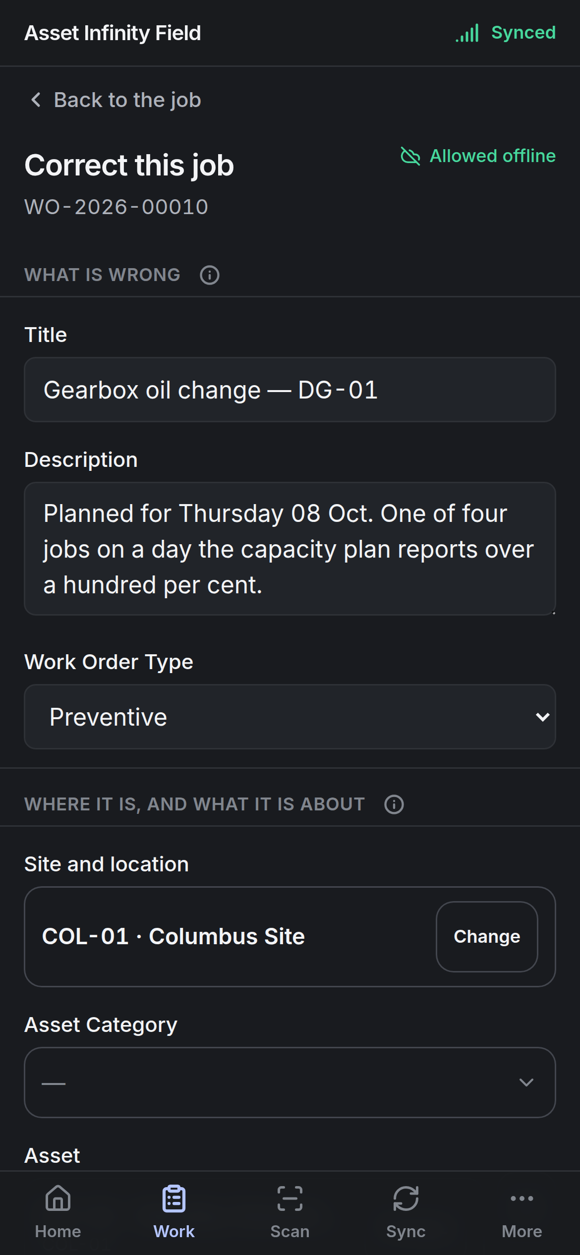 The Correct this job form with Title, Description, Work Order Type and Site and location