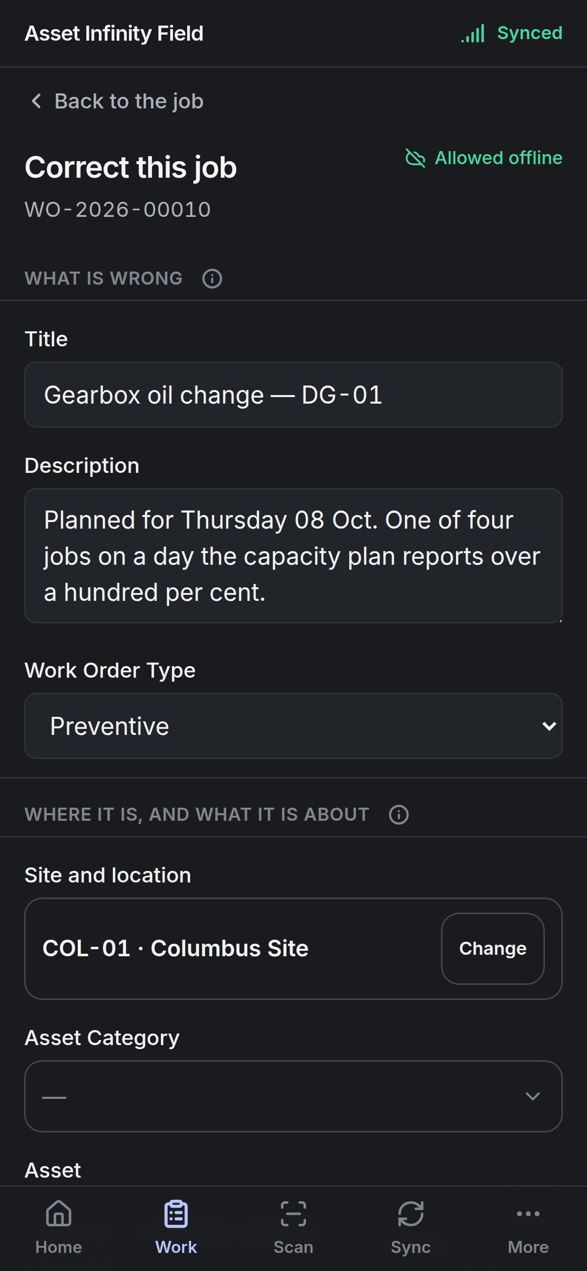 The Correct this job form with Title, Description, Work Order Type and Site and location