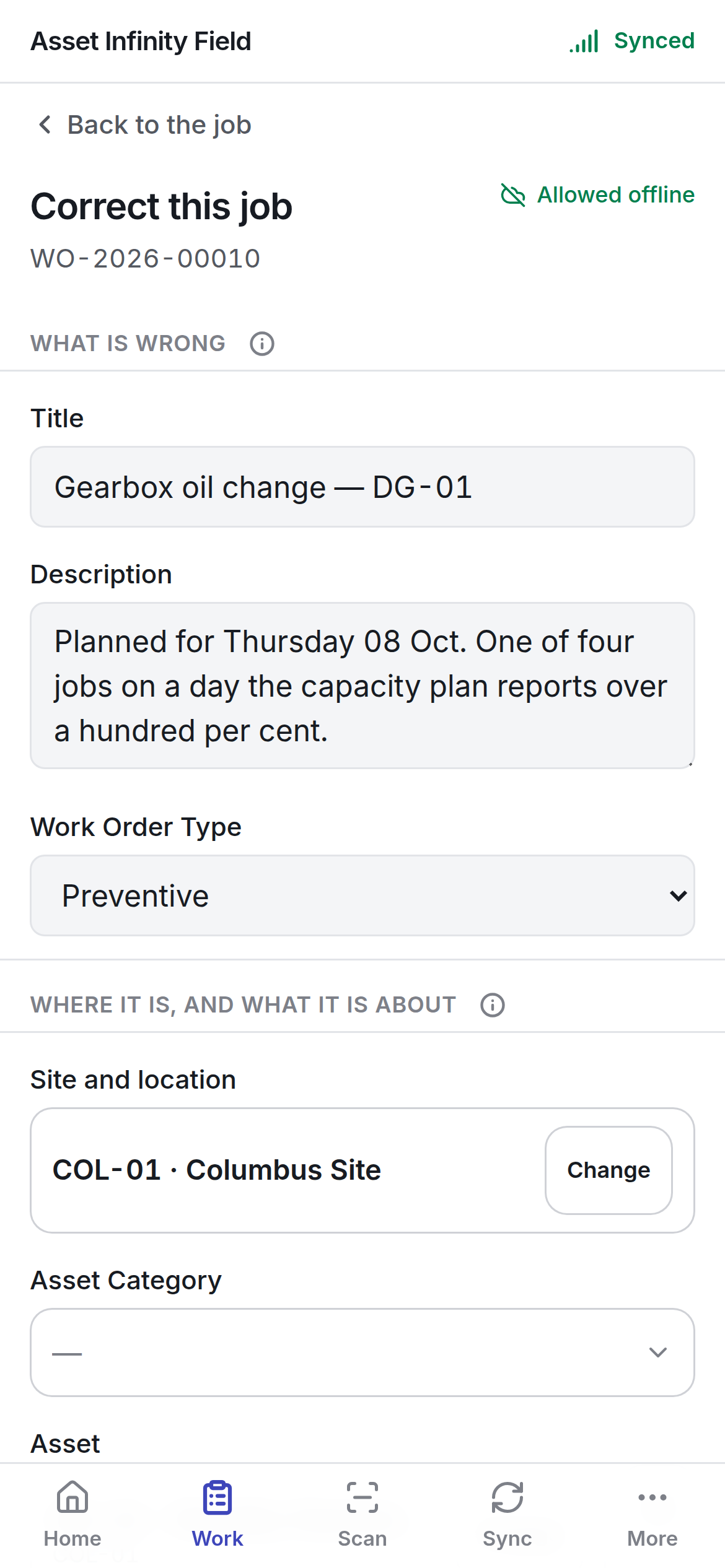 The Correct this job form with Title, Description, Work Order Type and Site and location