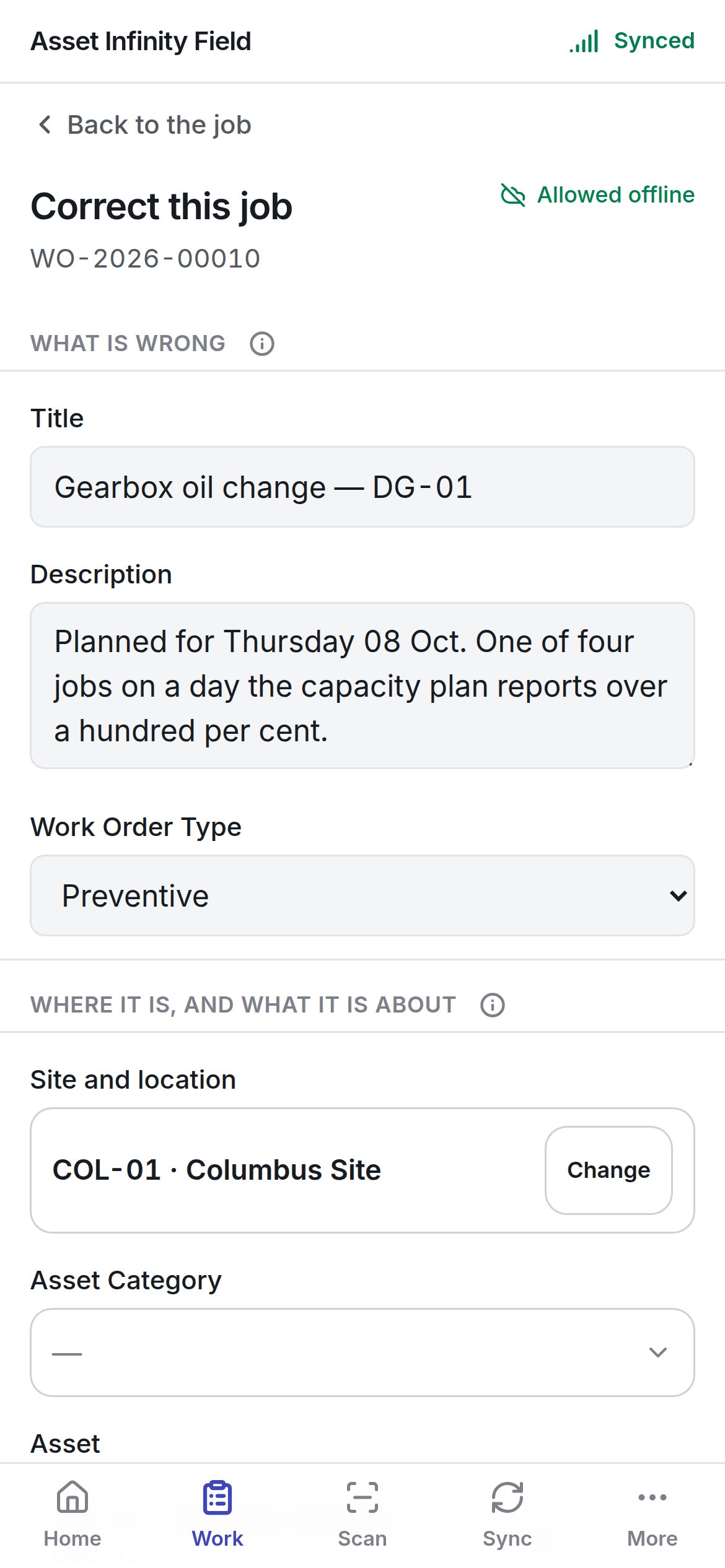 The Correct this job form with Title, Description, Work Order Type and Site and location