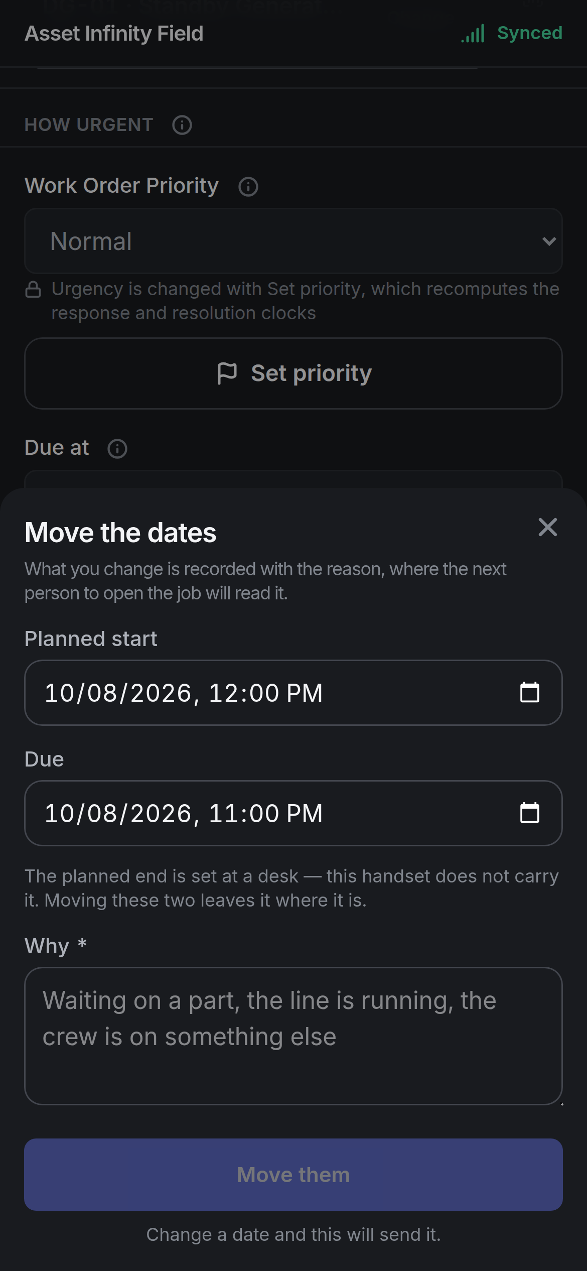 The Move the dates sheet with Planned start, Due and Why