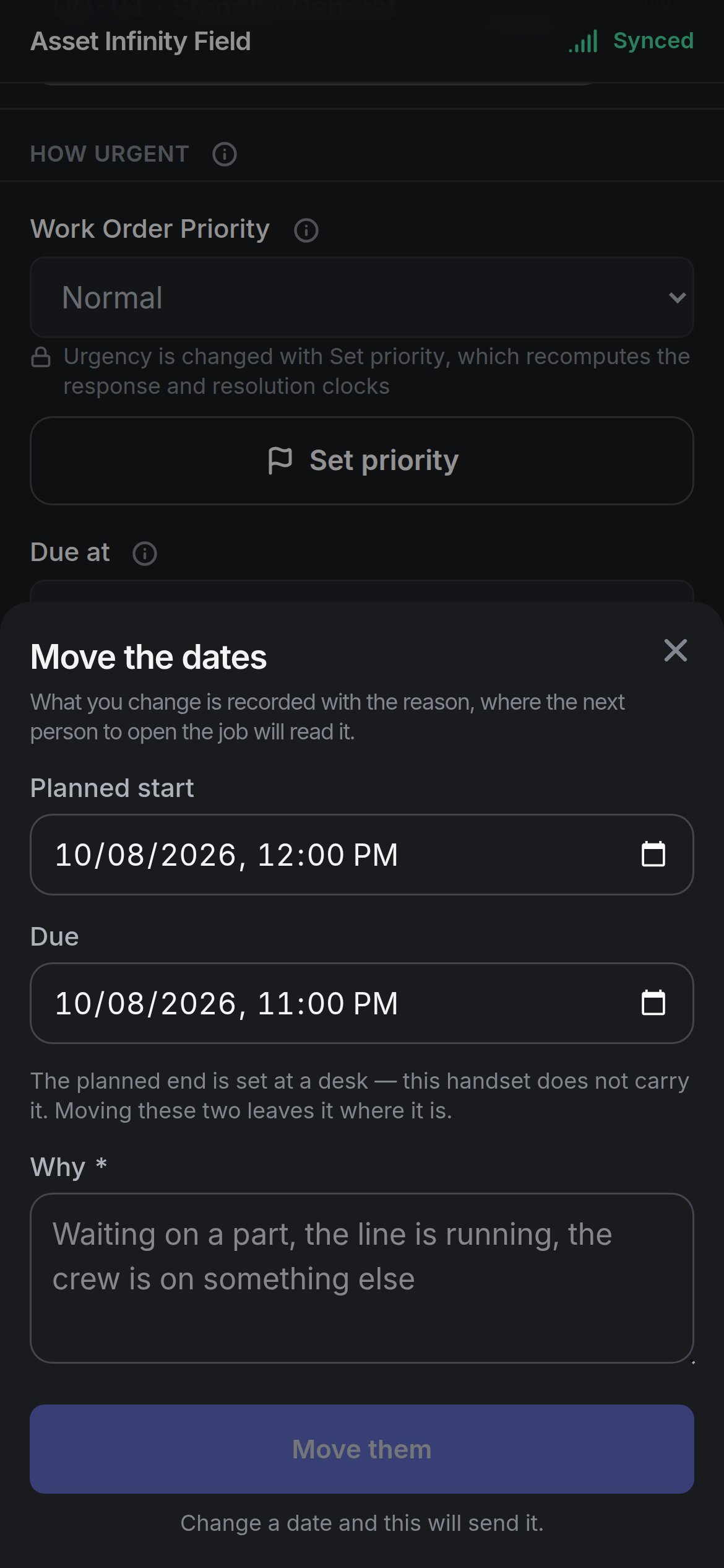 The Move the dates sheet with Planned start, Due and Why