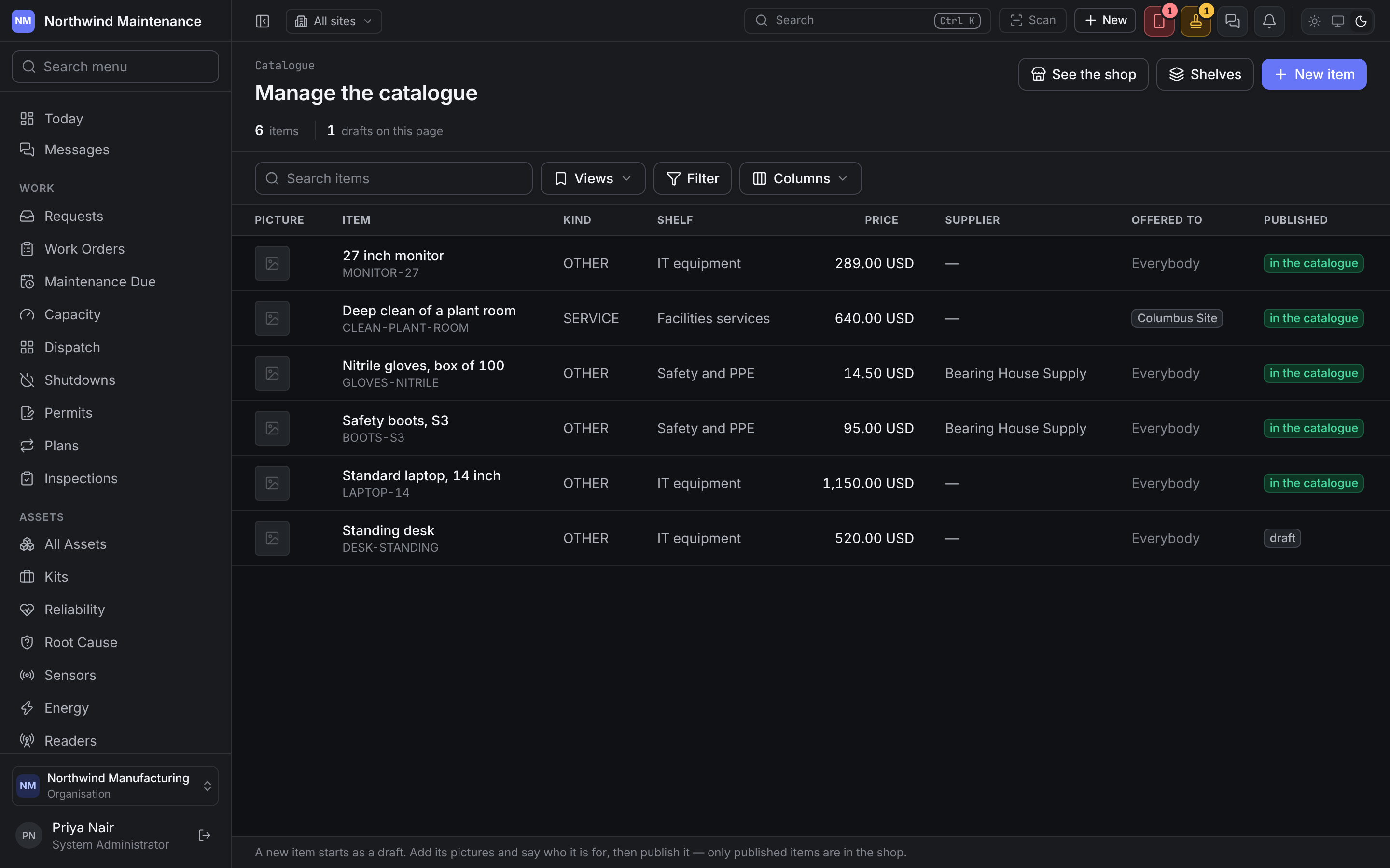 Manage the catalogue, listing every item with its kind, shelf, price, supplier, who it is offered to and whether it is in the catalogue or a draft