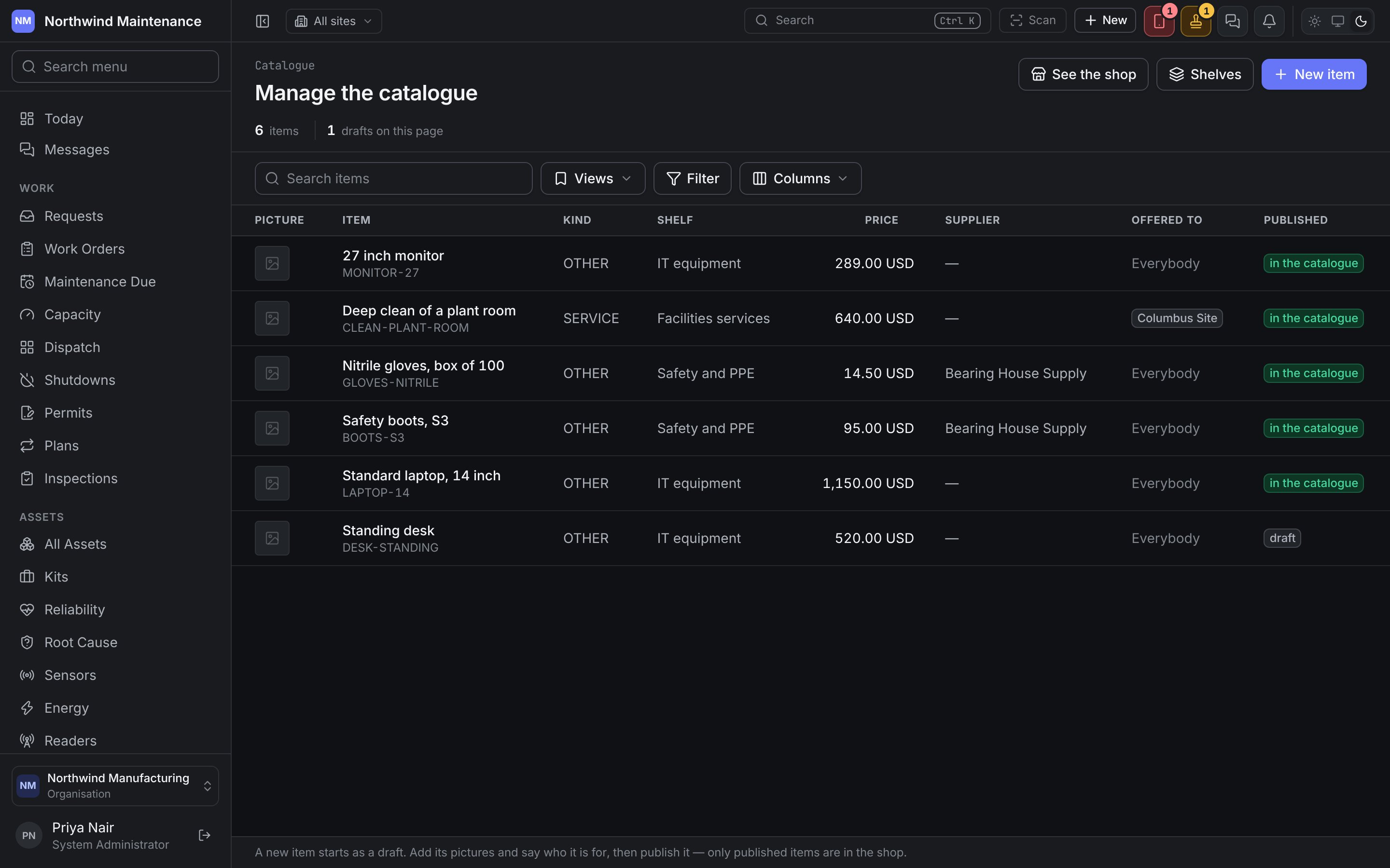 Manage the catalogue, listing every item with its kind, shelf, price, supplier, who it is offered to and whether it is in the catalogue or a draft