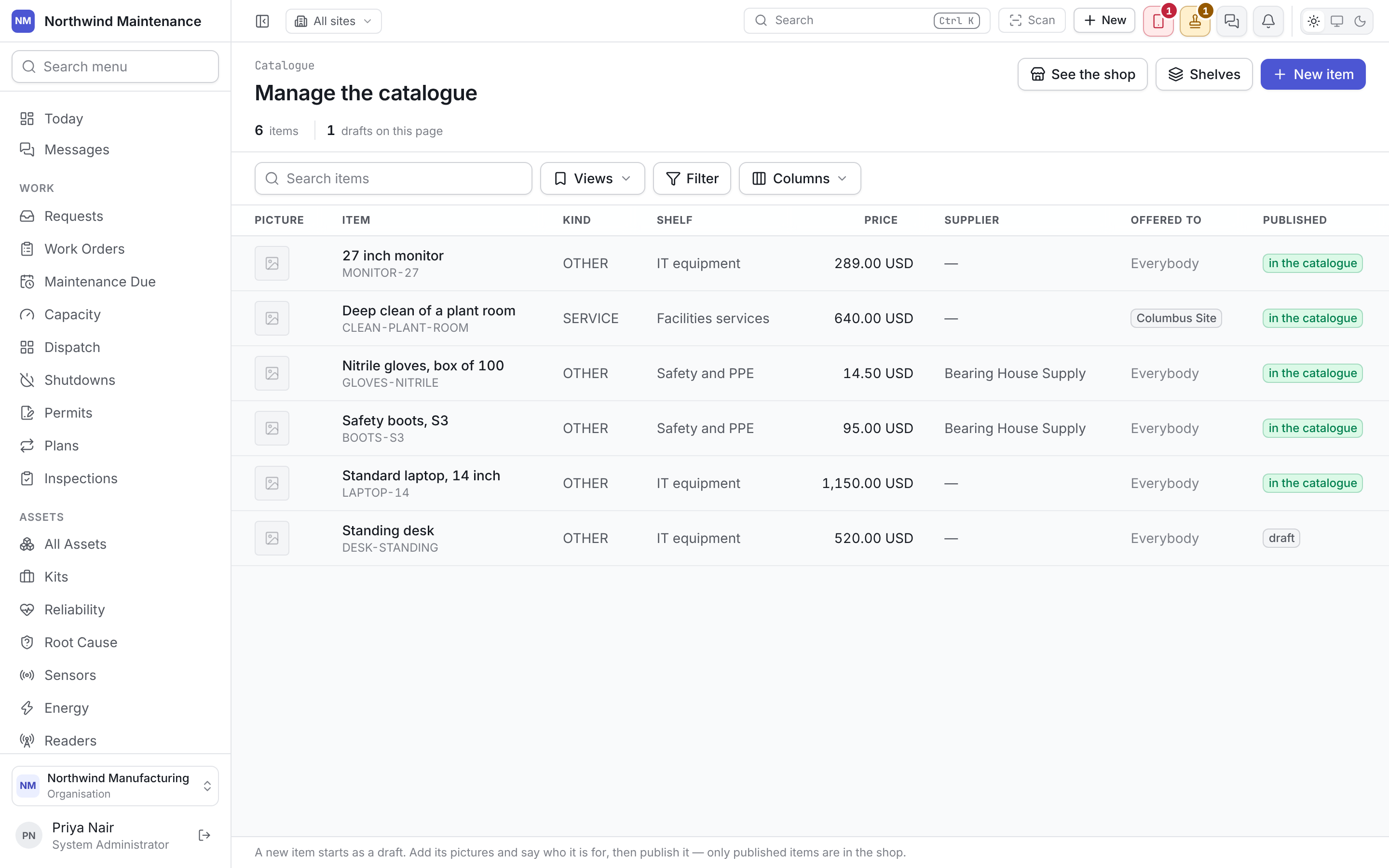 Manage the catalogue, listing every item with its kind, shelf, price, supplier, who it is offered to and whether it is in the catalogue or a draft