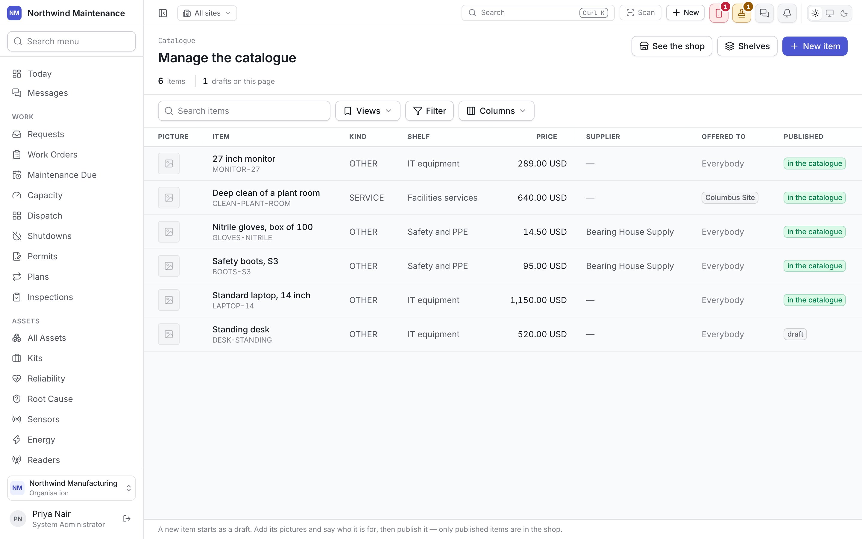 Manage the catalogue, listing every item with its kind, shelf, price, supplier, who it is offered to and whether it is in the catalogue or a draft