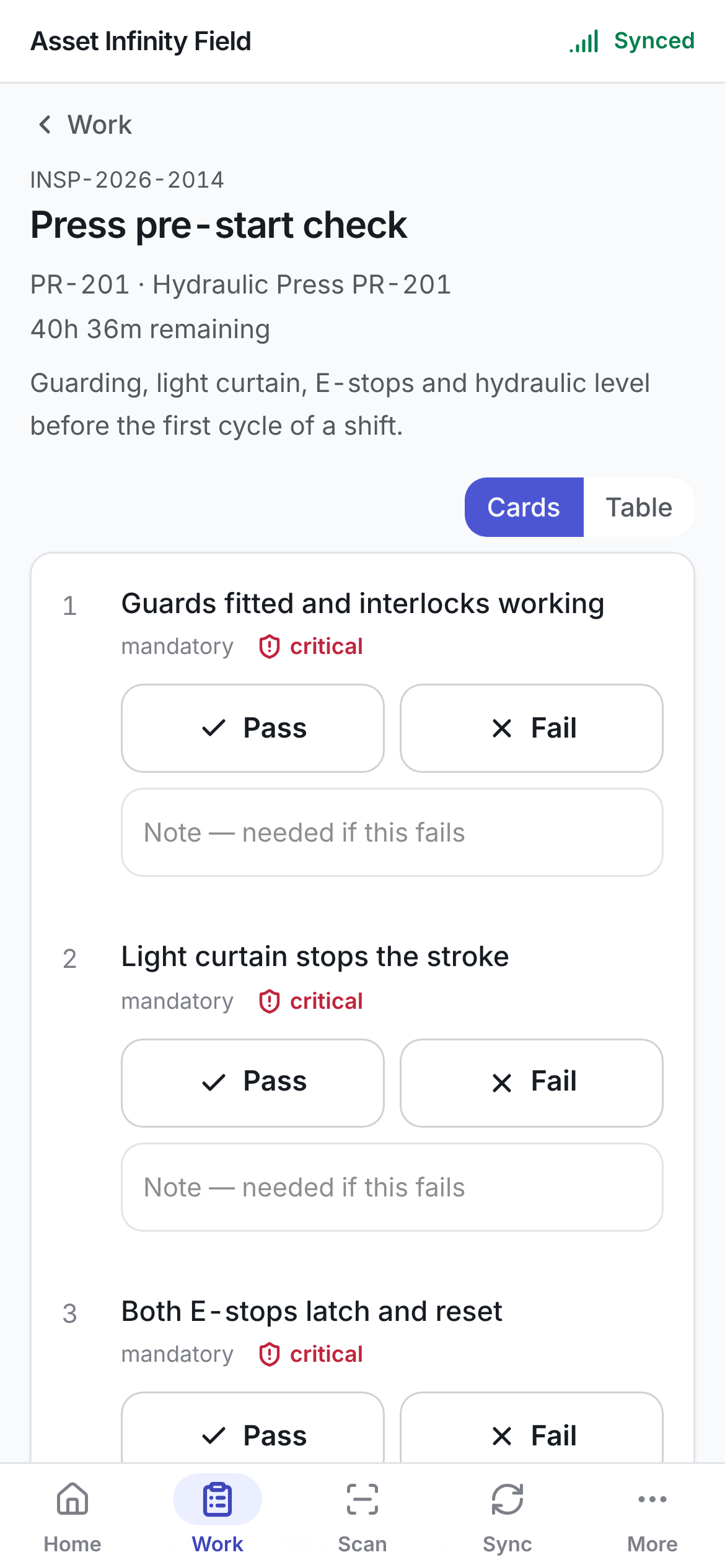 Inspection rounds on the handset - Asset Infinity