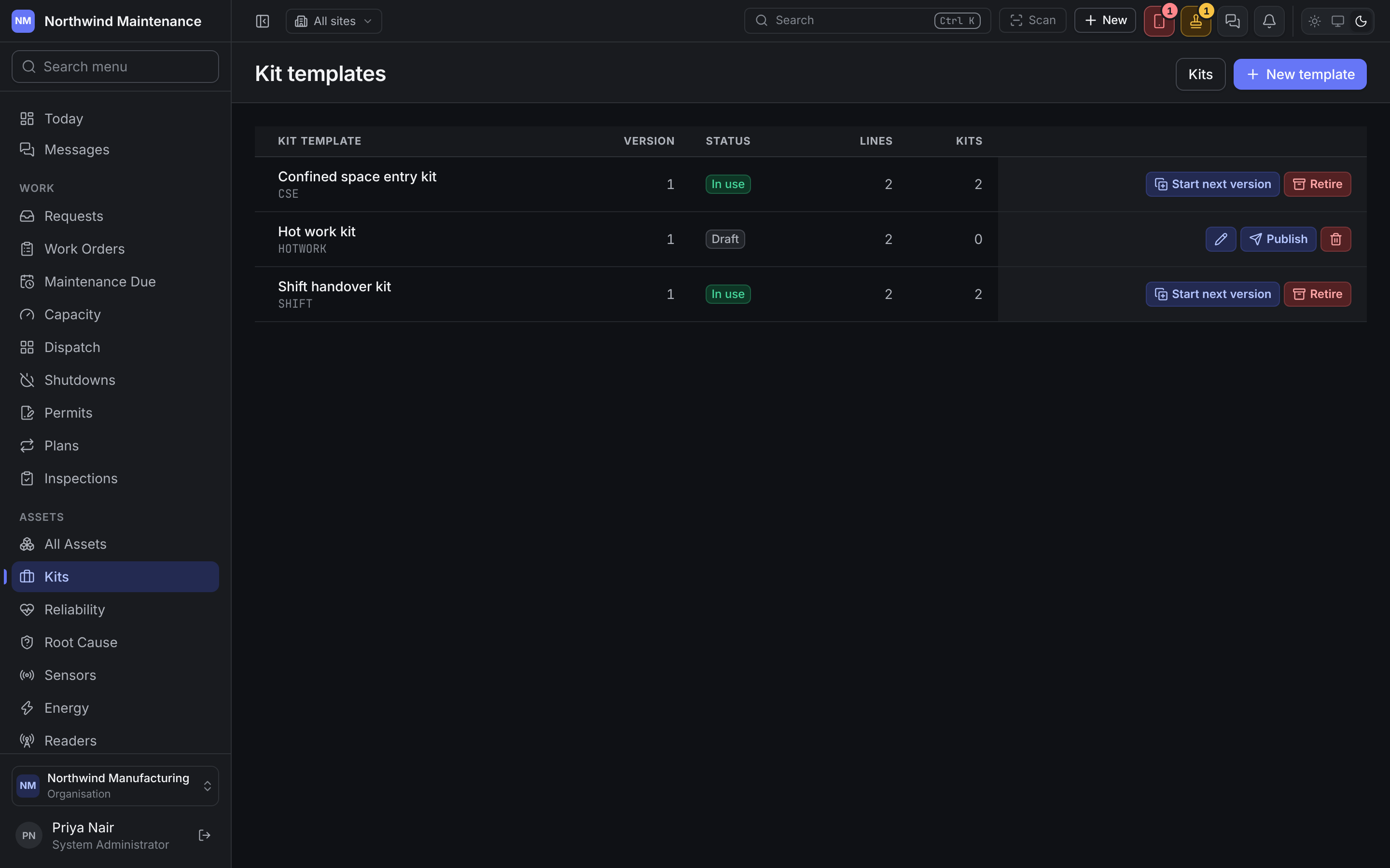 Kit templates: two in use with Start next version and Retire, and one draft with Publish