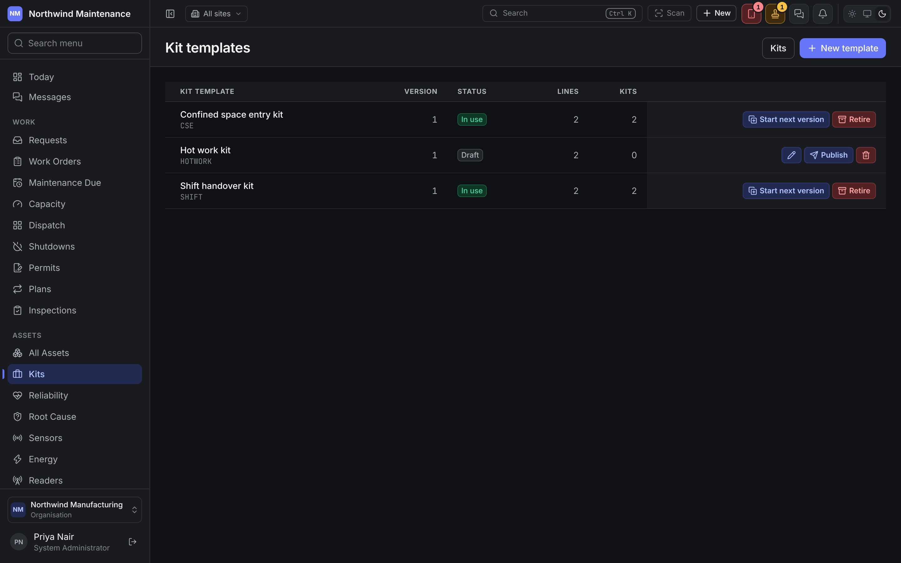 Kit templates: two in use with Start next version and Retire, and one draft with Publish