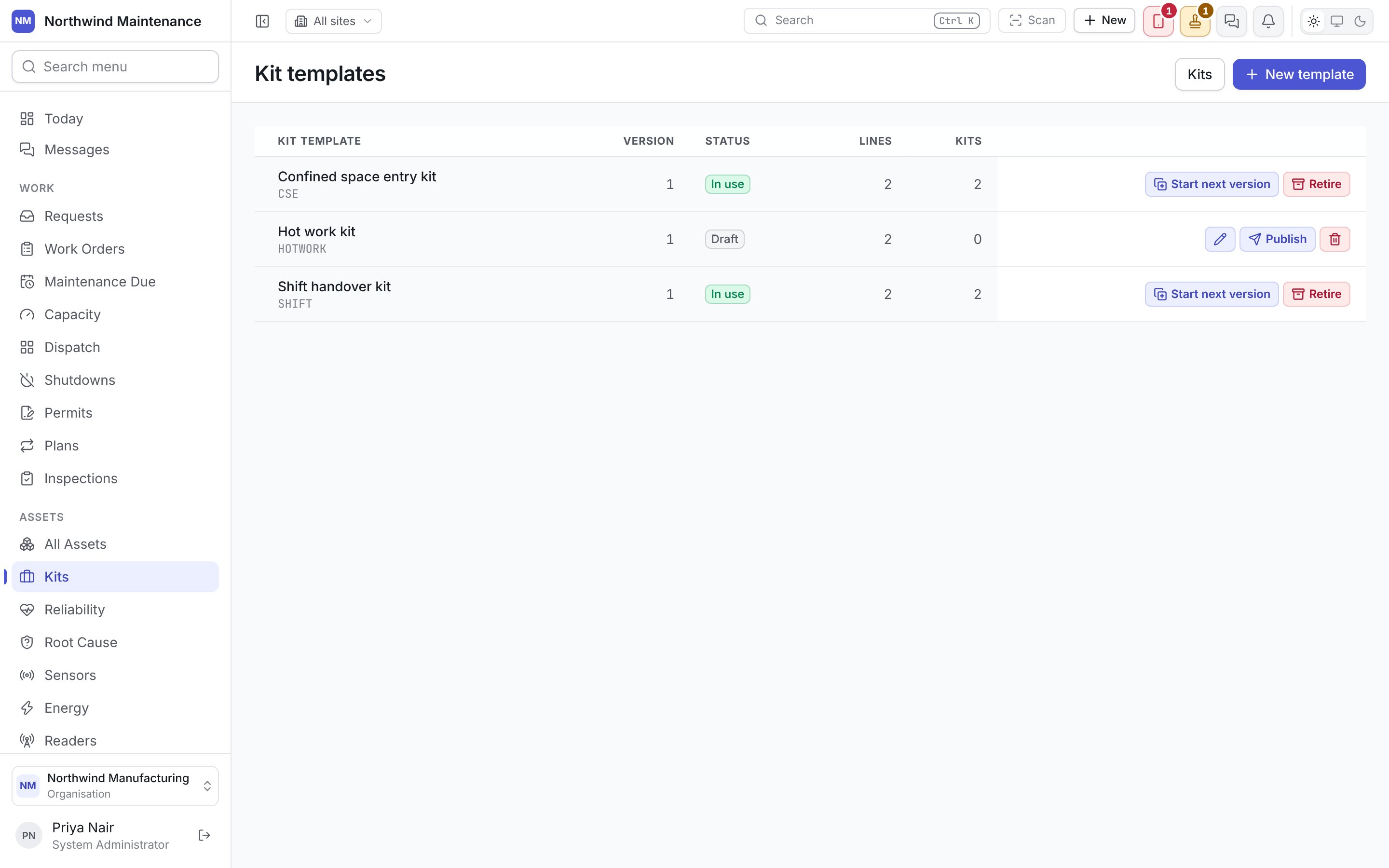 Kit templates: two in use with Start next version and Retire, and one draft with Publish