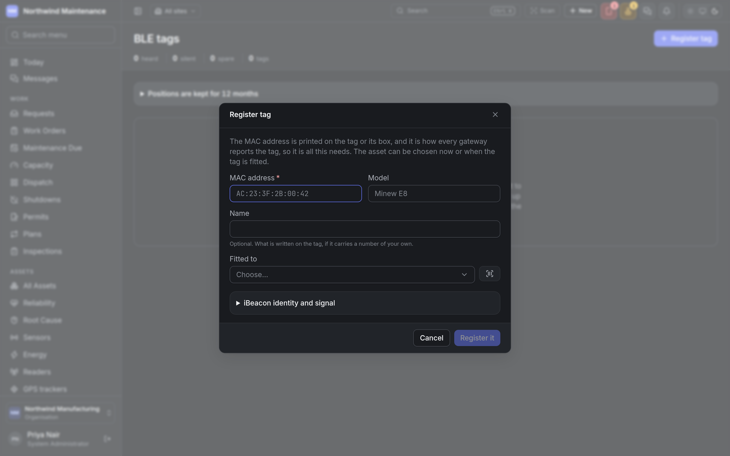 The Register tag dialog, asking for the MAC address, model, name and the asset it is fitted to