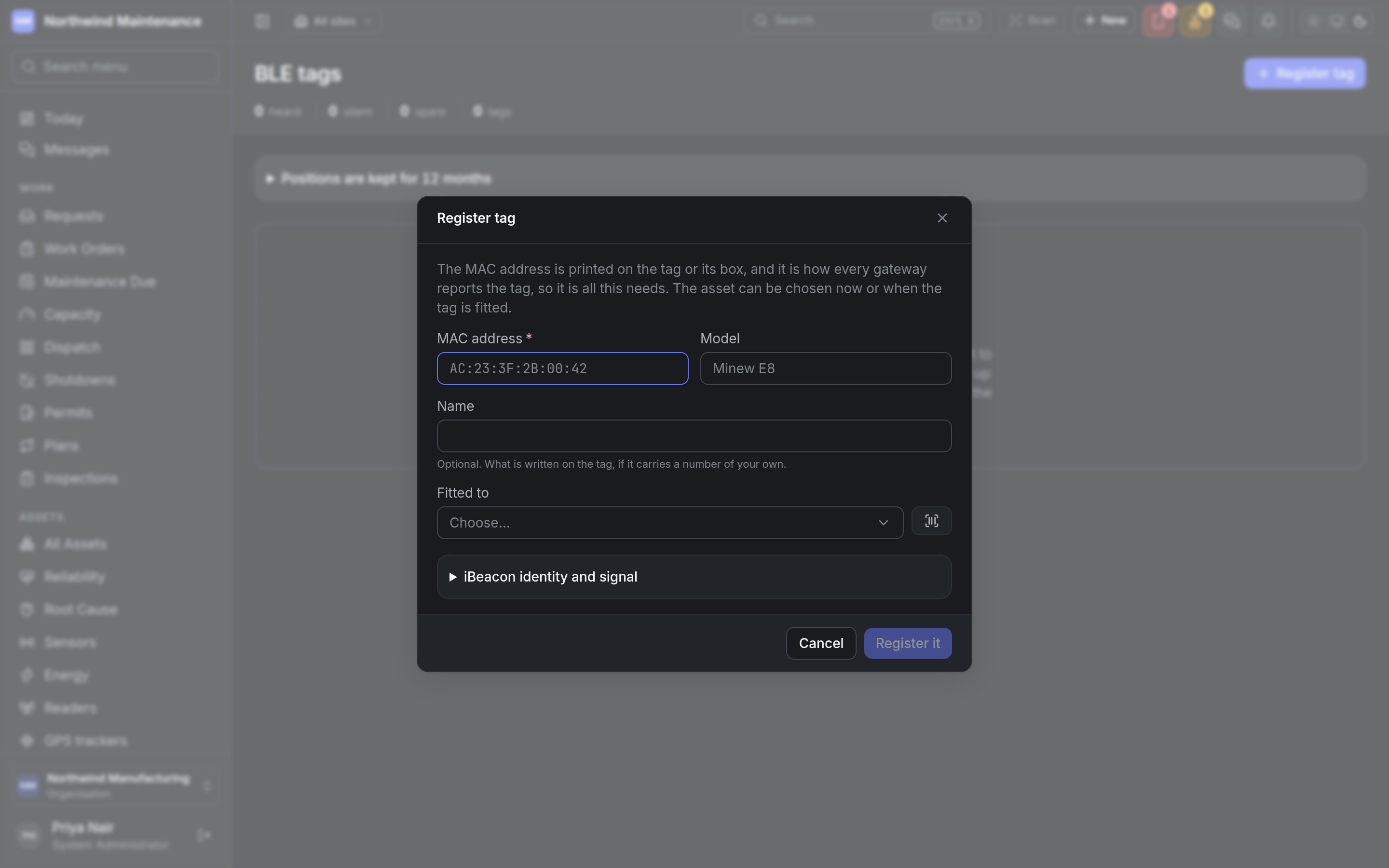 The Register tag dialog, asking for the MAC address, model, name and the asset it is fitted to