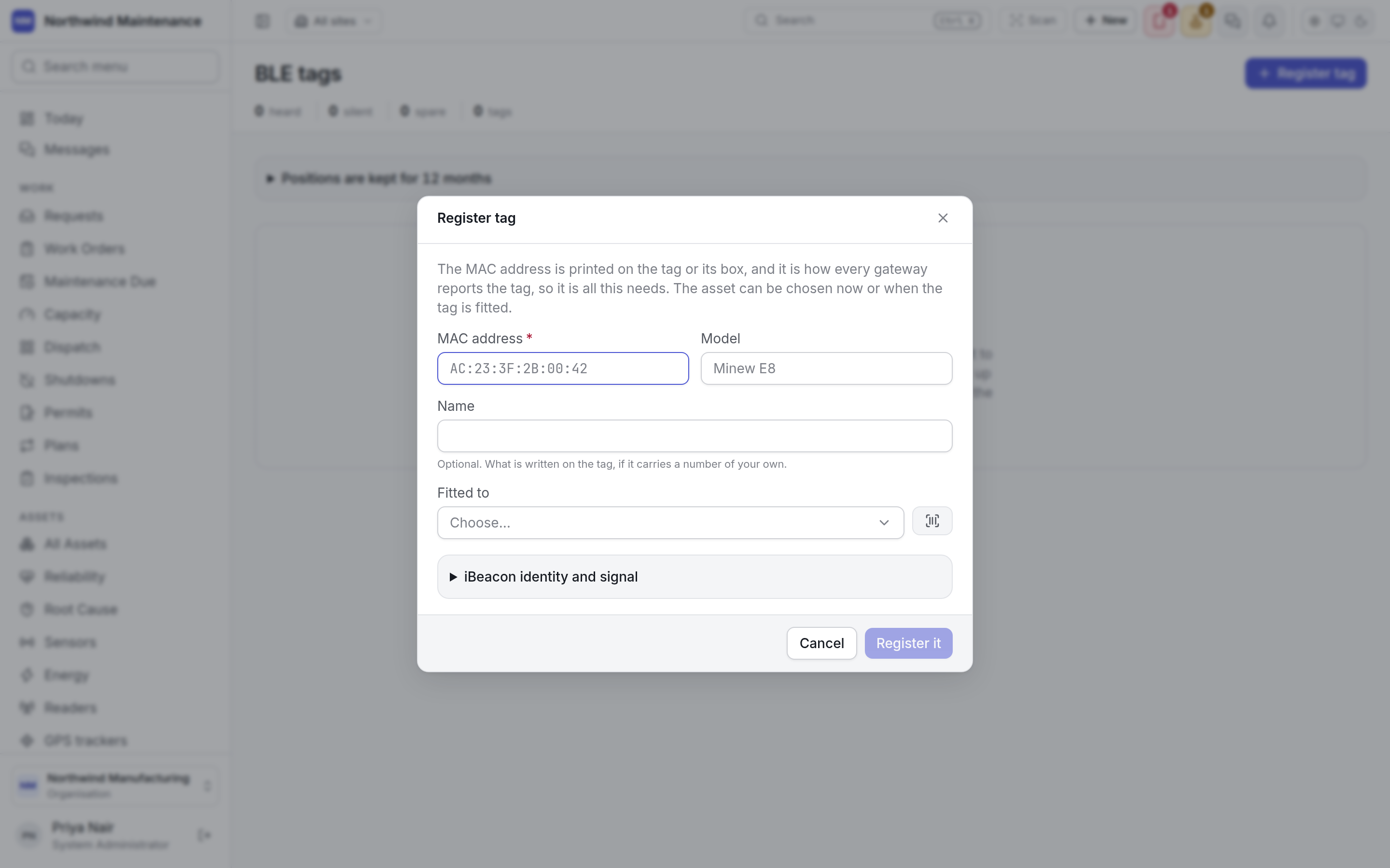 The Register tag dialog, asking for the MAC address, model, name and the asset it is fitted to