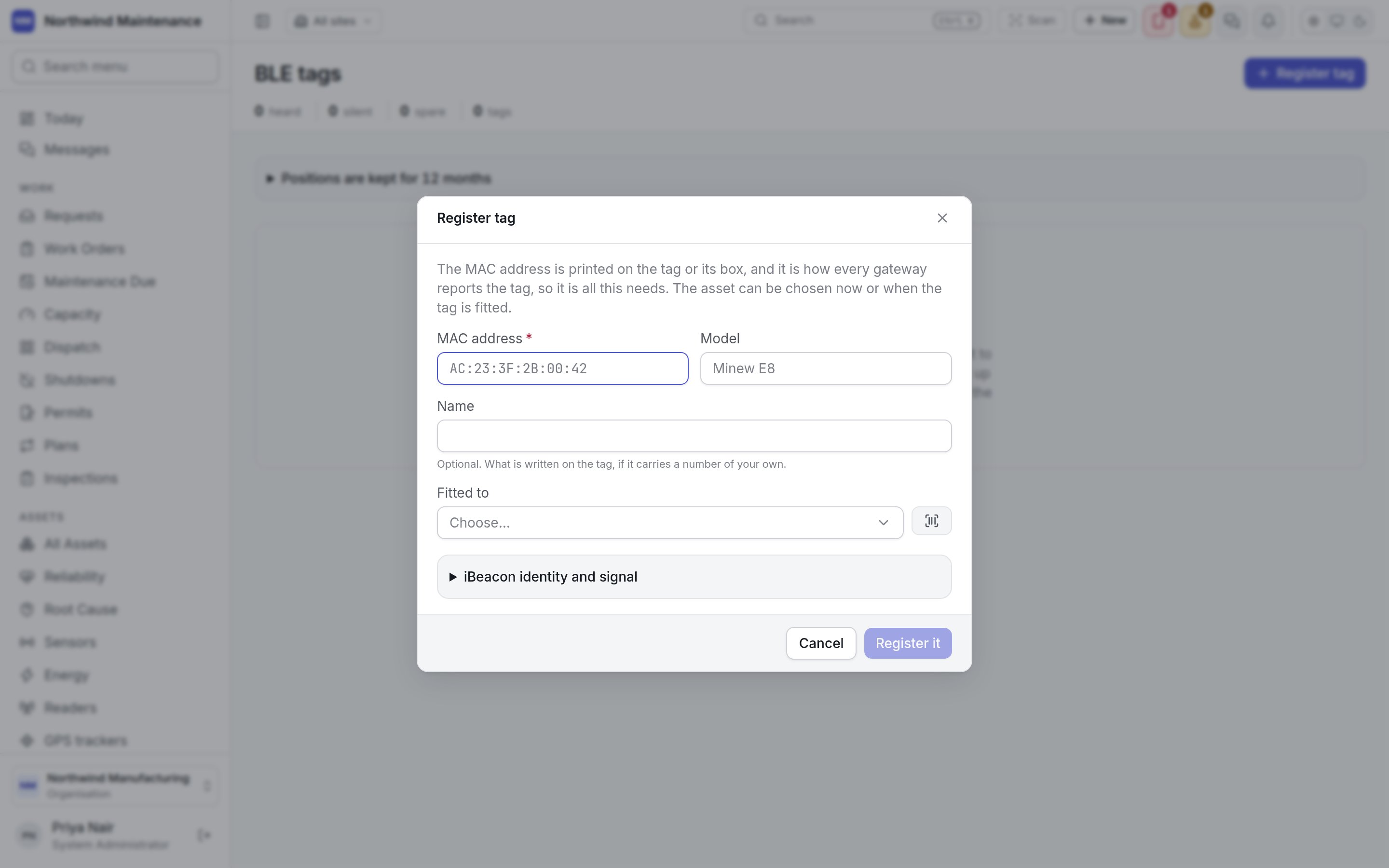 The Register tag dialog, asking for the MAC address, model, name and the asset it is fitted to